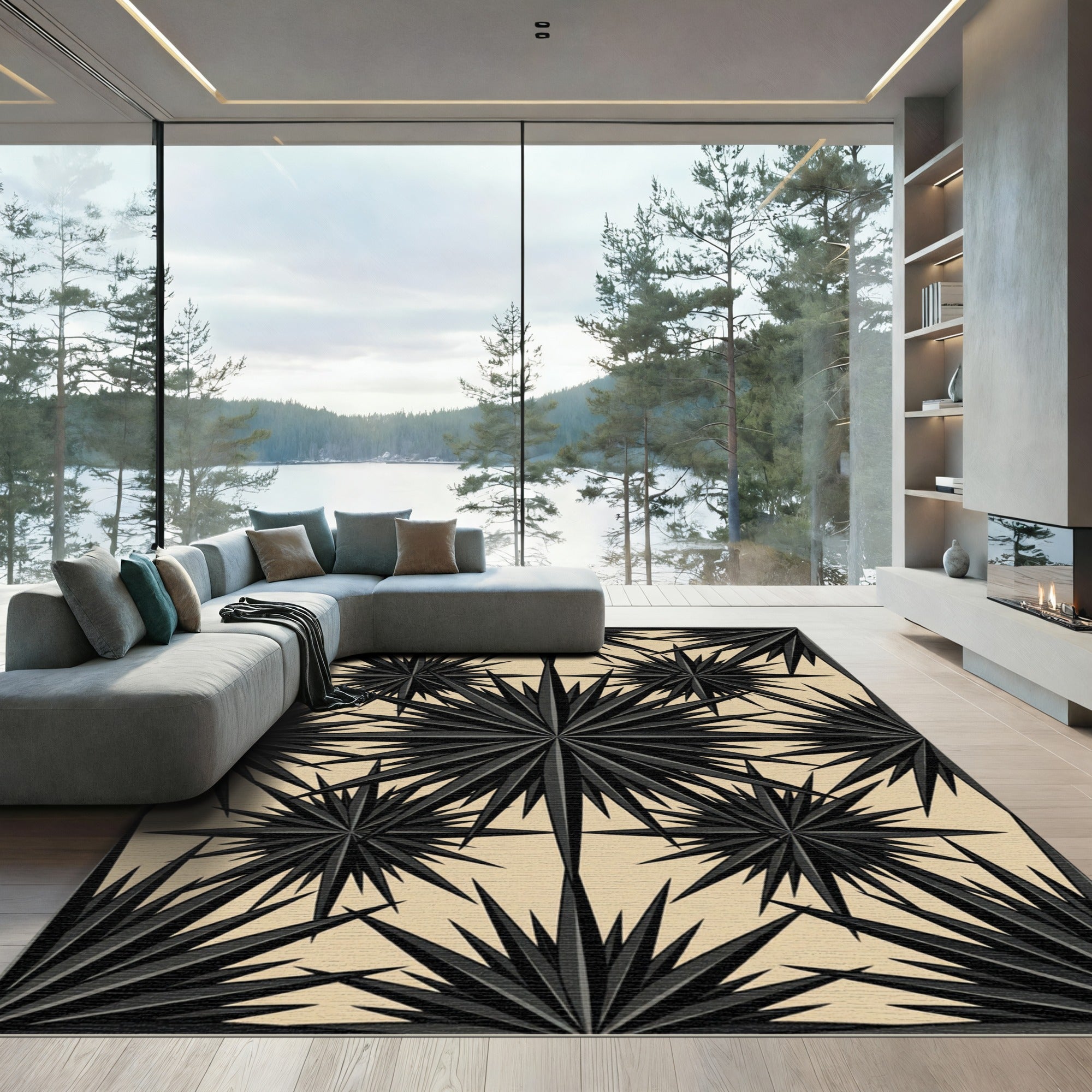 Monochrome Geometric Starburst Layered Rug