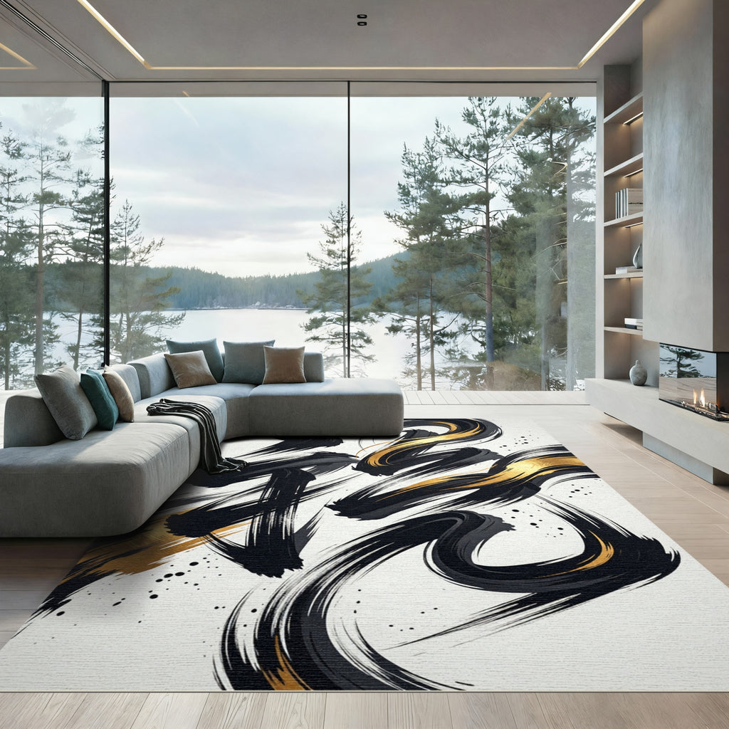 Gold Black Ink Stroke Abstract Wave Rug