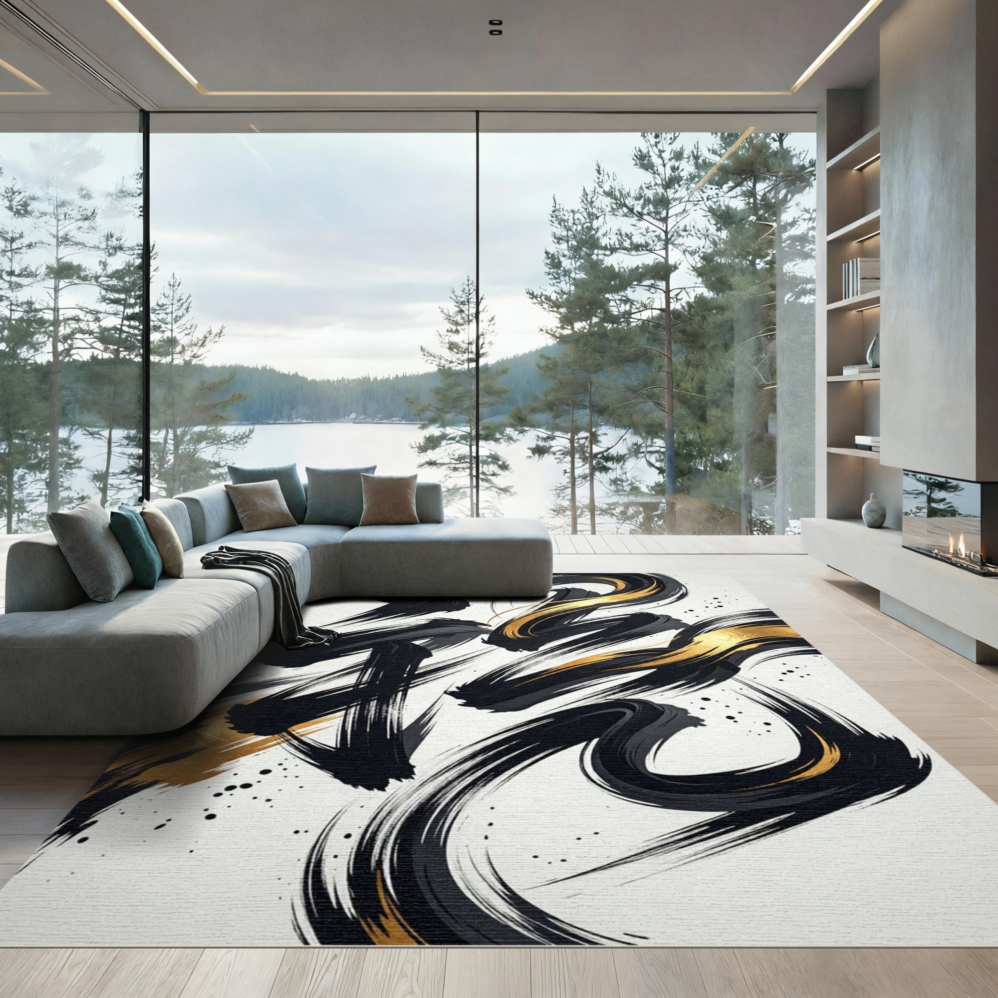 Gold Black Ink Stroke Abstract Wave Rug
