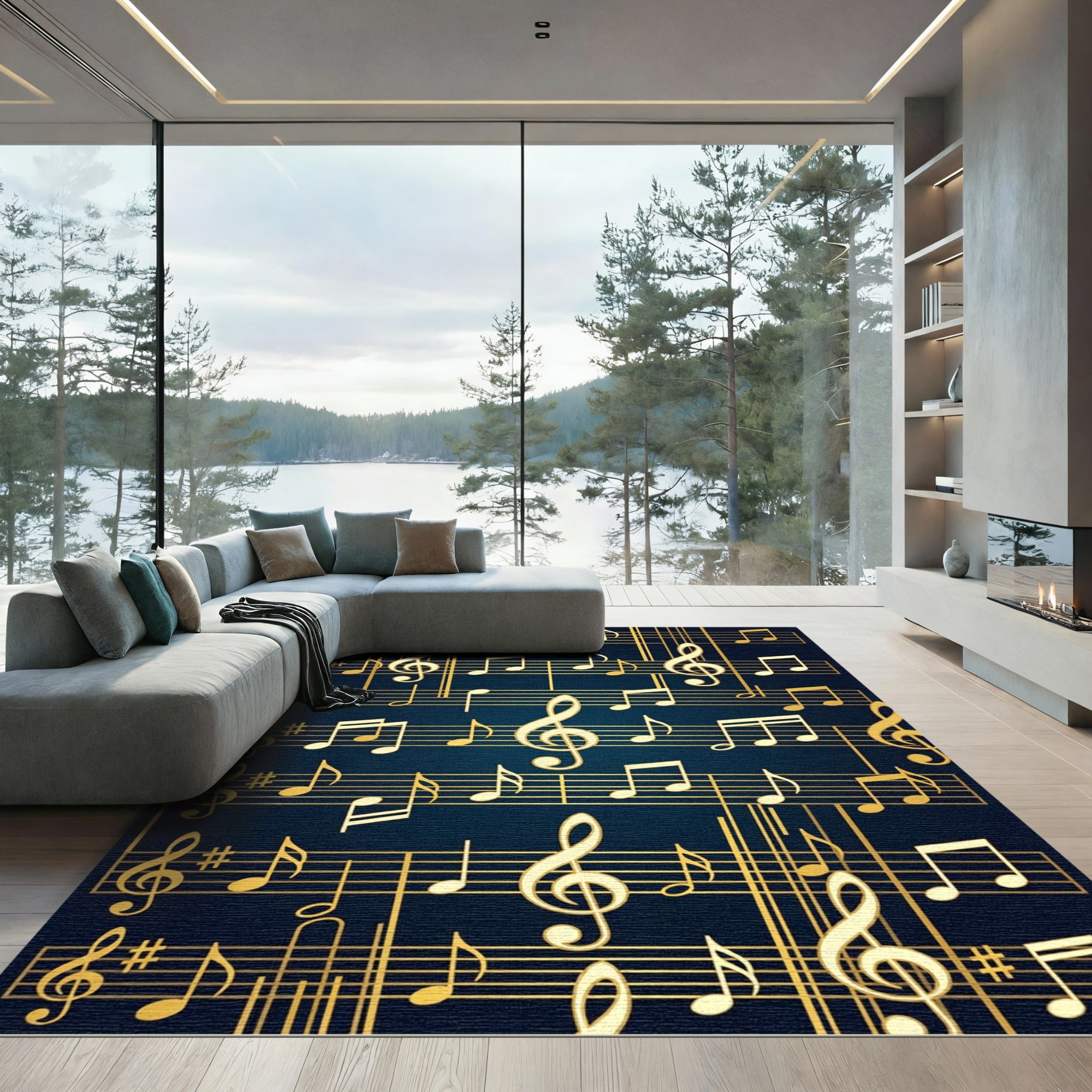 Golden Musical Notes on Navy Blue Rug