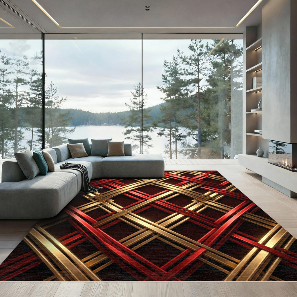 Crimson Gold Interlocking Diamond Relief Rug