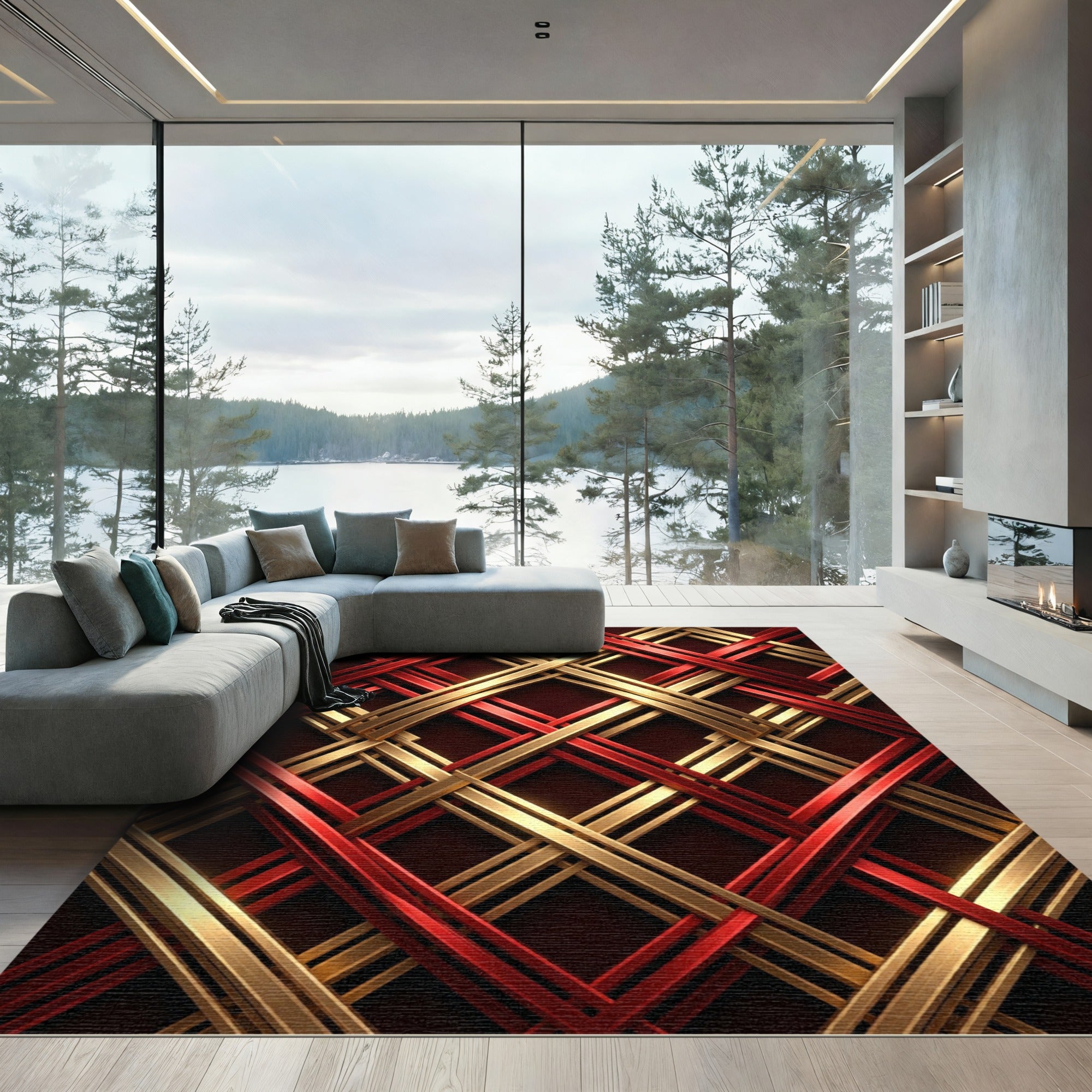 Crimson Gold Interlocking Diamond Relief Rug