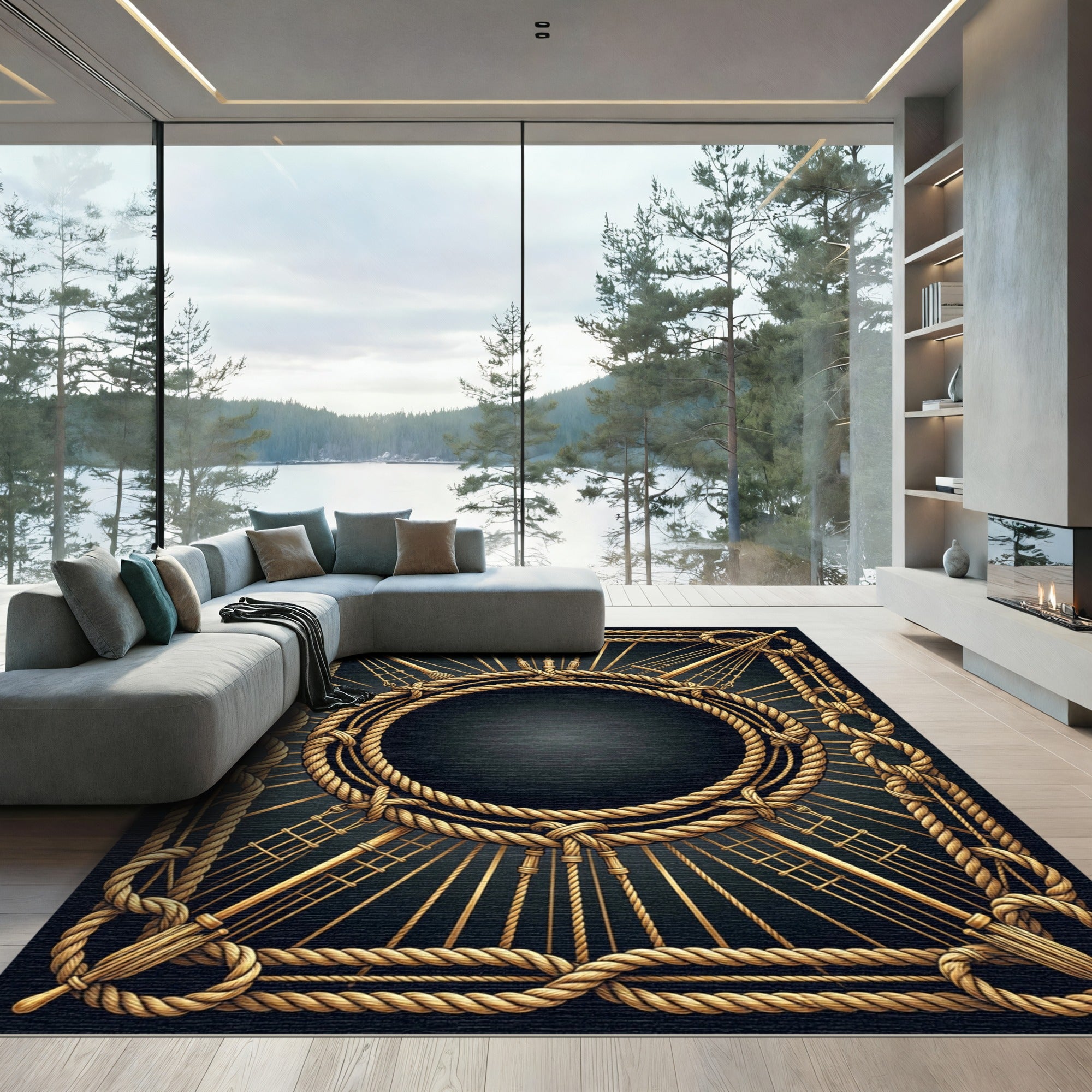 Nautical Golden Rope Sunburst Frame Rug