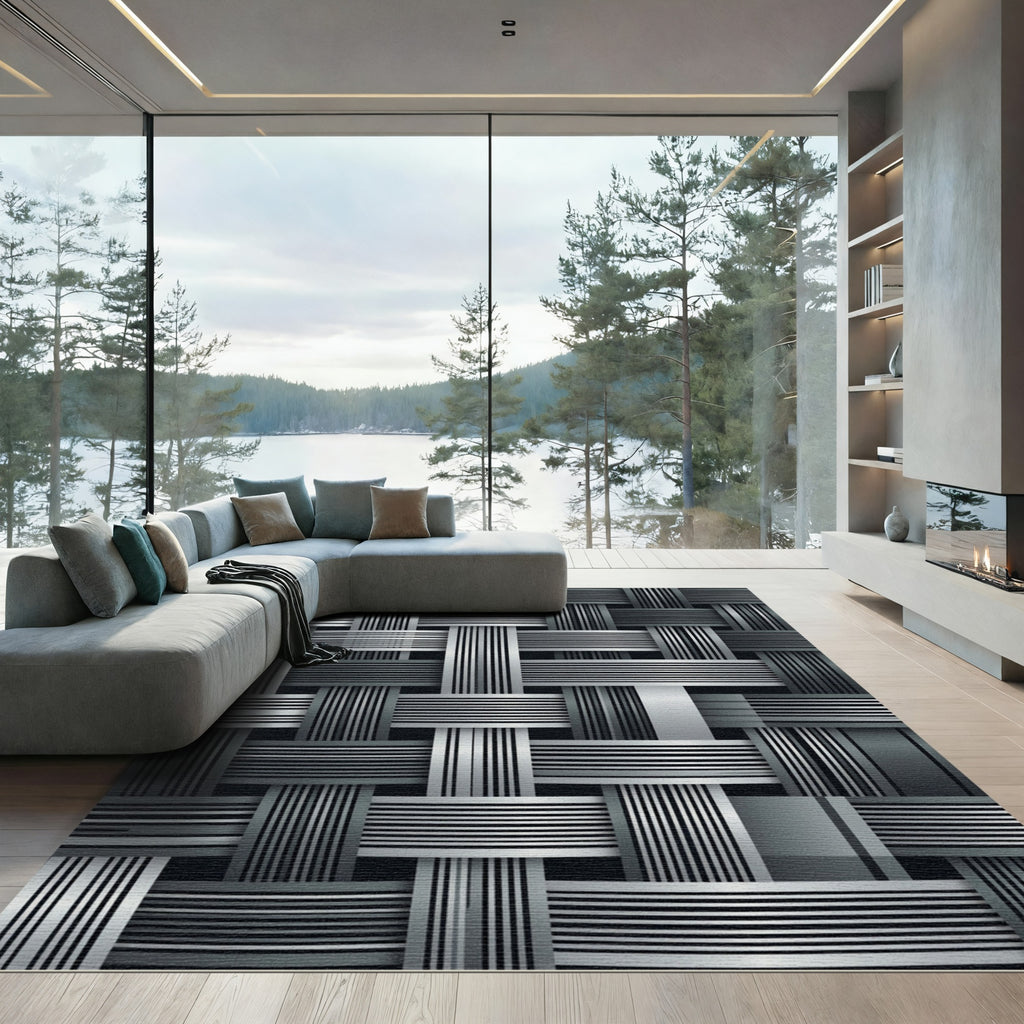 Modern Metallic Silver Woven Interlocking Texture Rug