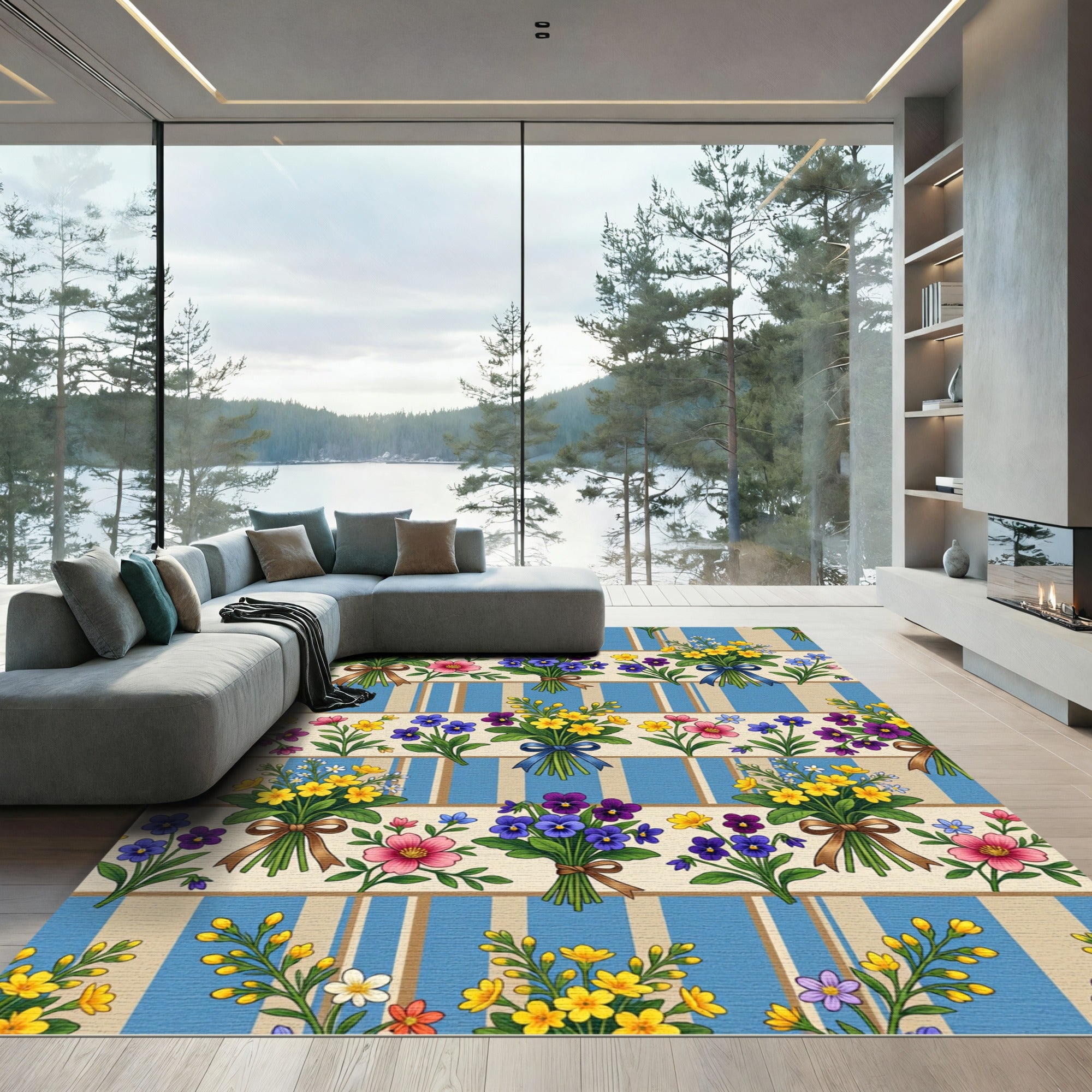Victorian Blue Striped Floral Bouquet Rug