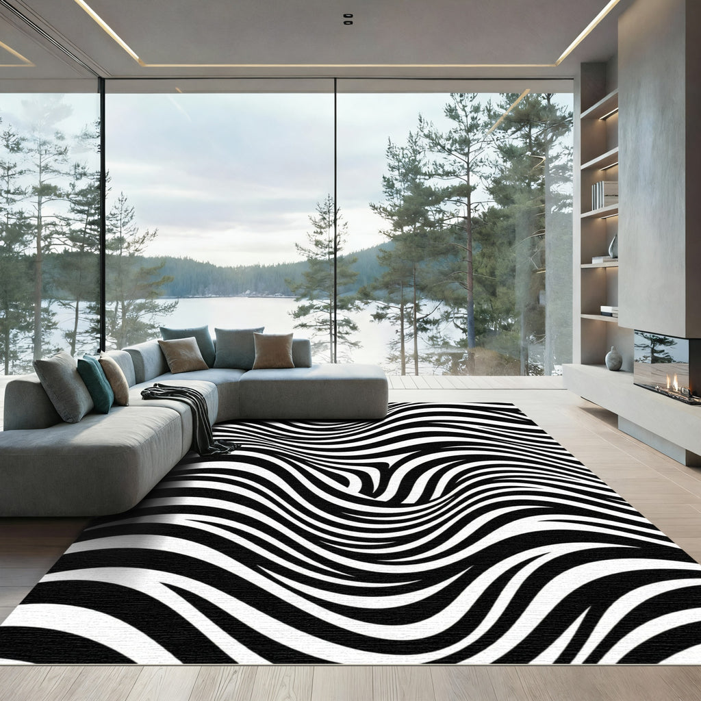 Black White Optical Illusion Waves Rug