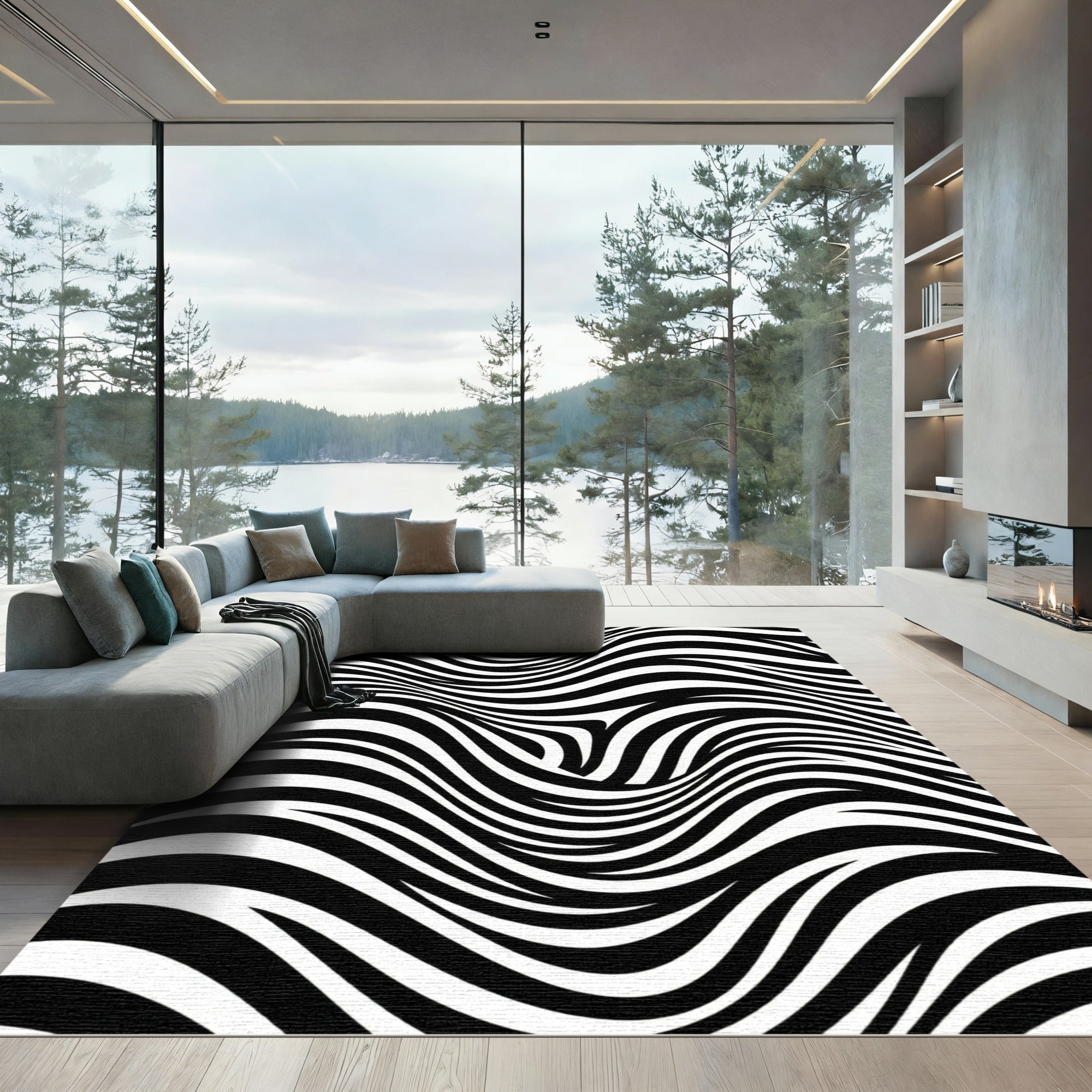 Black White Optical Illusion Waves Rug