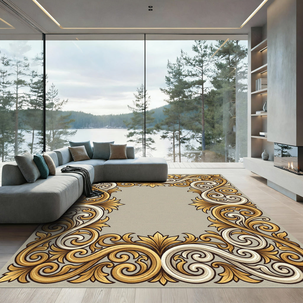 Elegant Gold White Leaf Scrollwork Rug