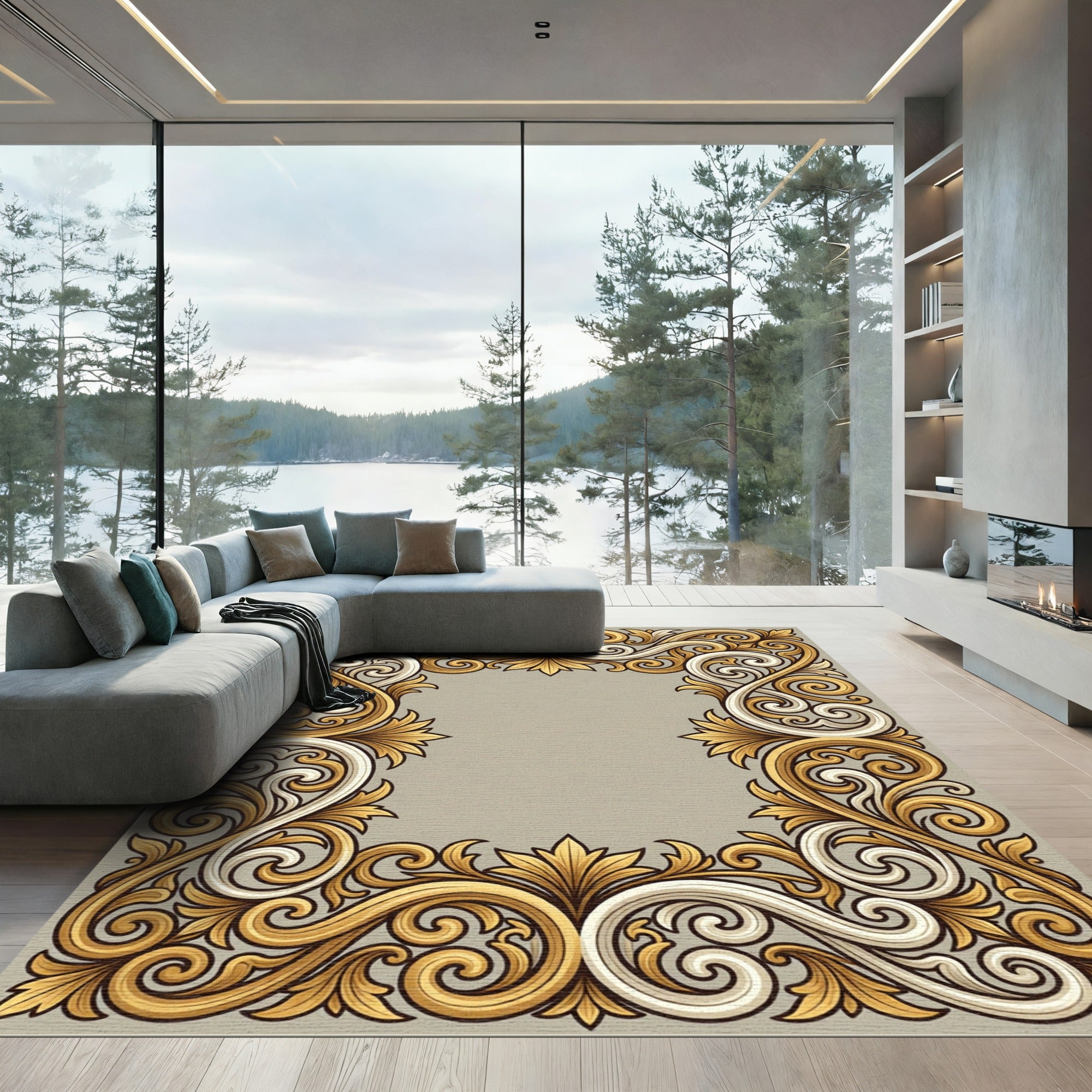 Elegant Gold White Leaf Scrollwork Rug