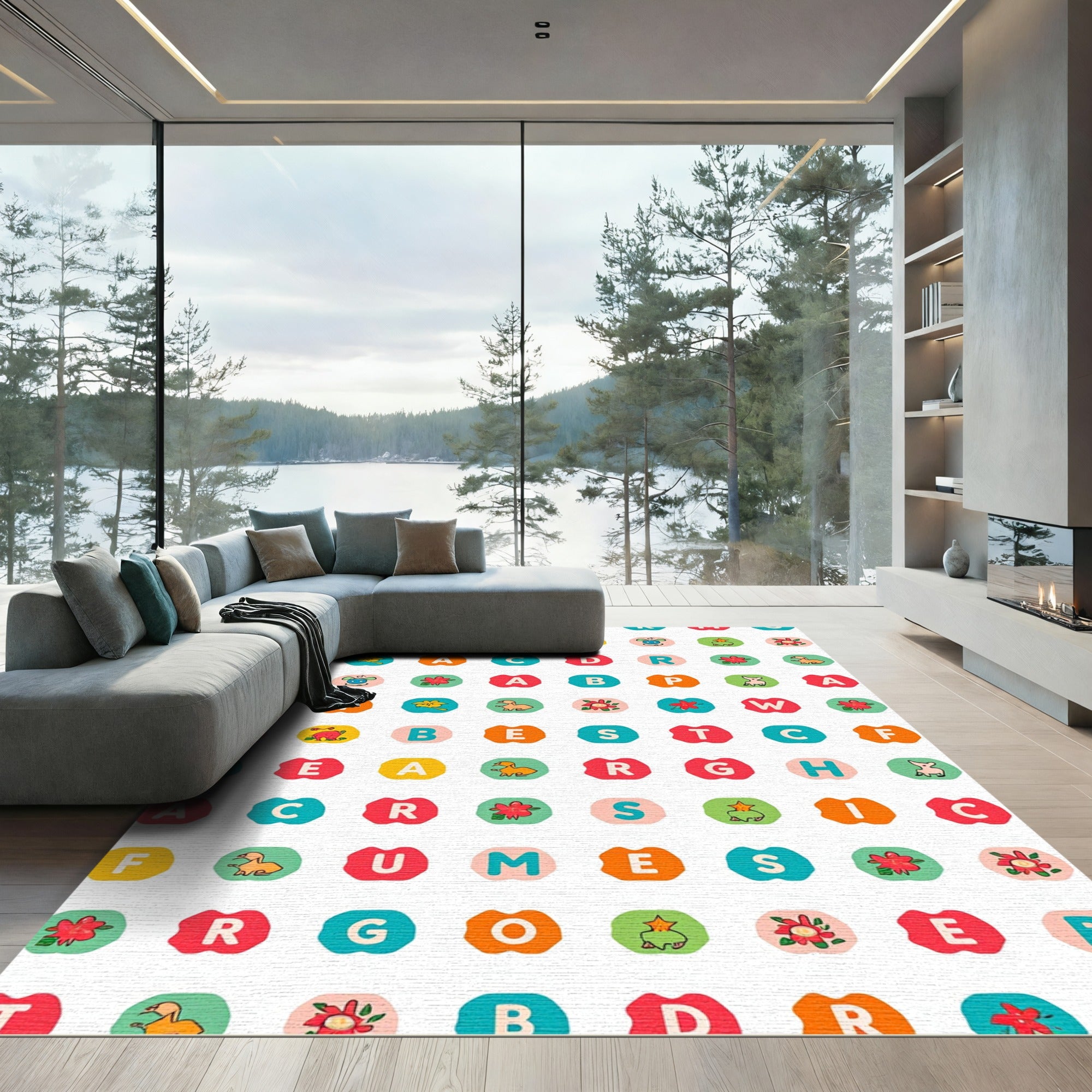 Alphabet Animal Colorful Roundels Rug