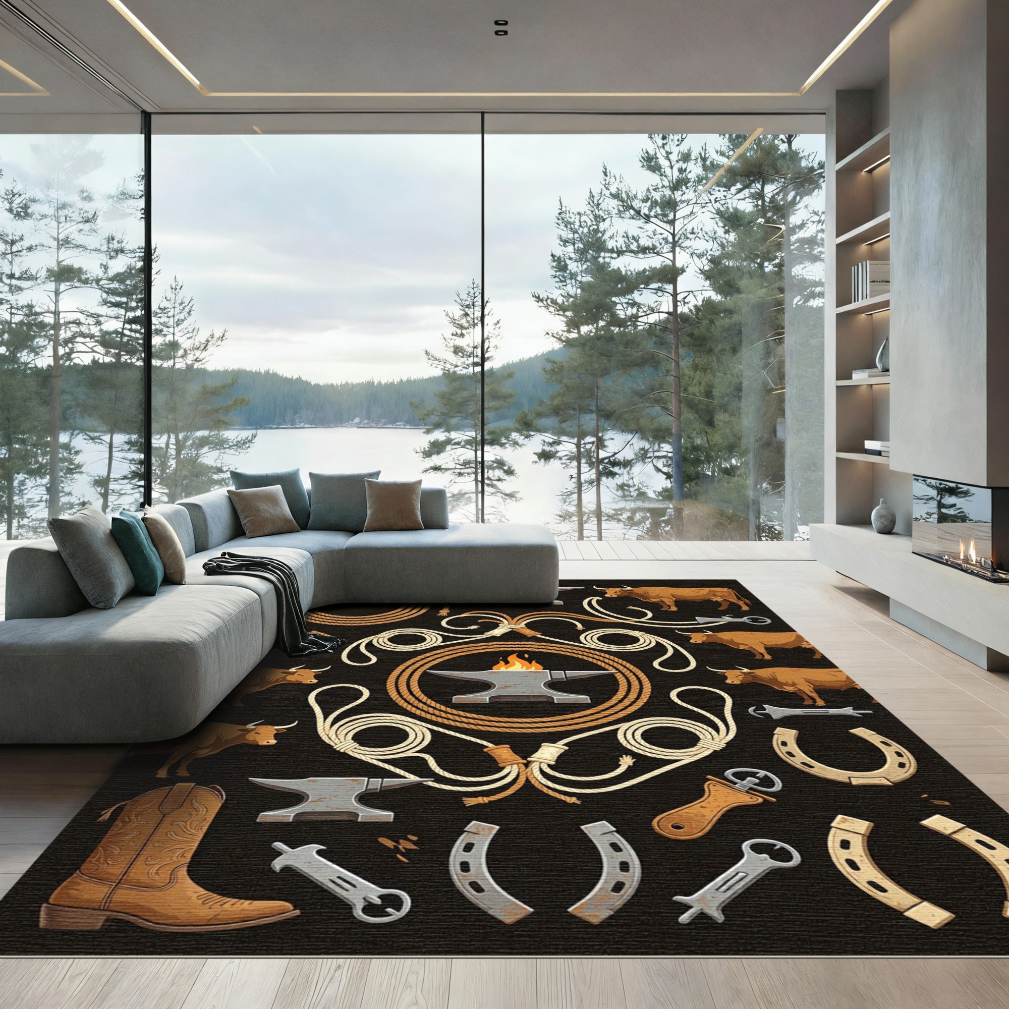 Rustic Western Anvil Lasso Bull Rug