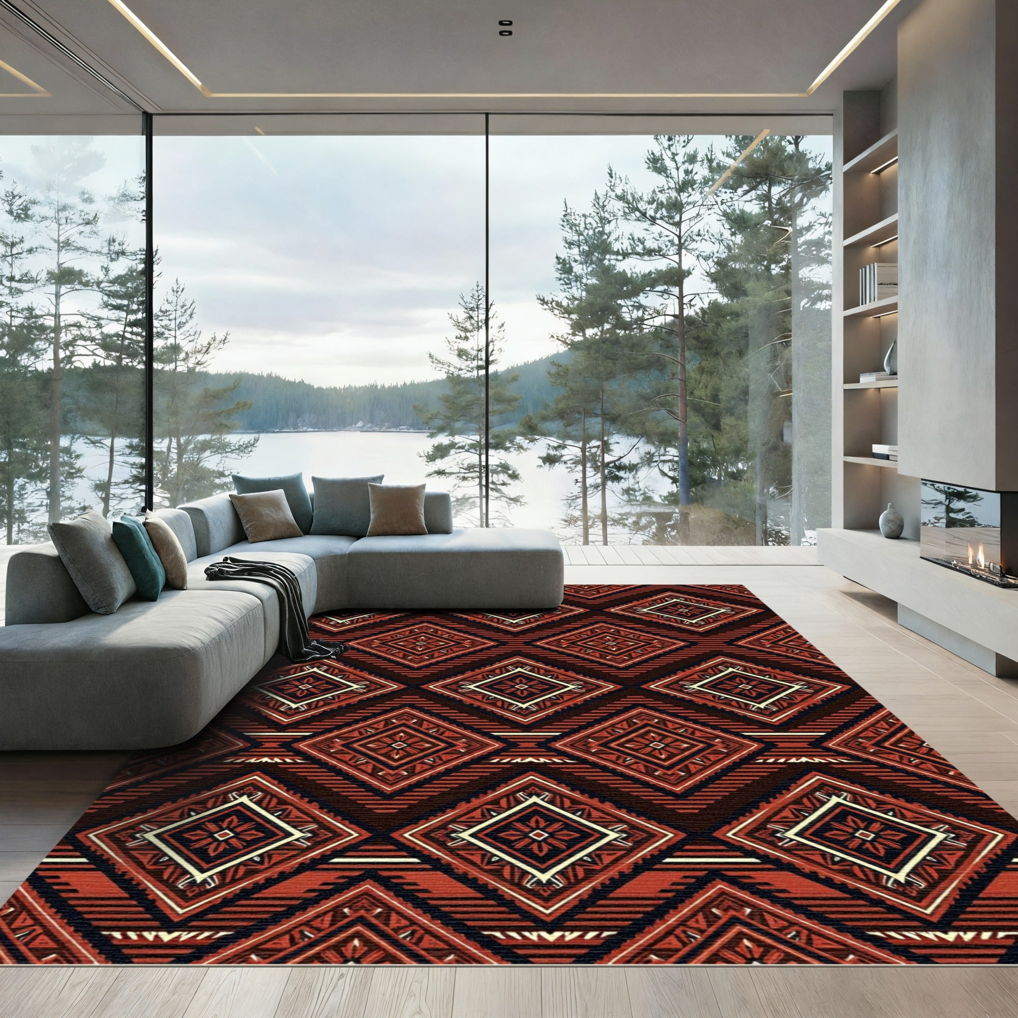 Rustic Red Diamond Geometric Zigzag Rug