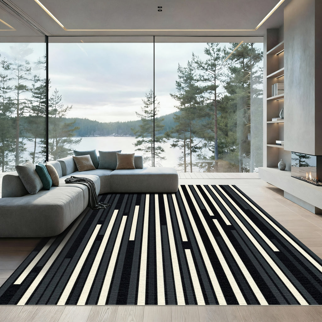 Minimalist Black and White Monochromatic Stripe Rug