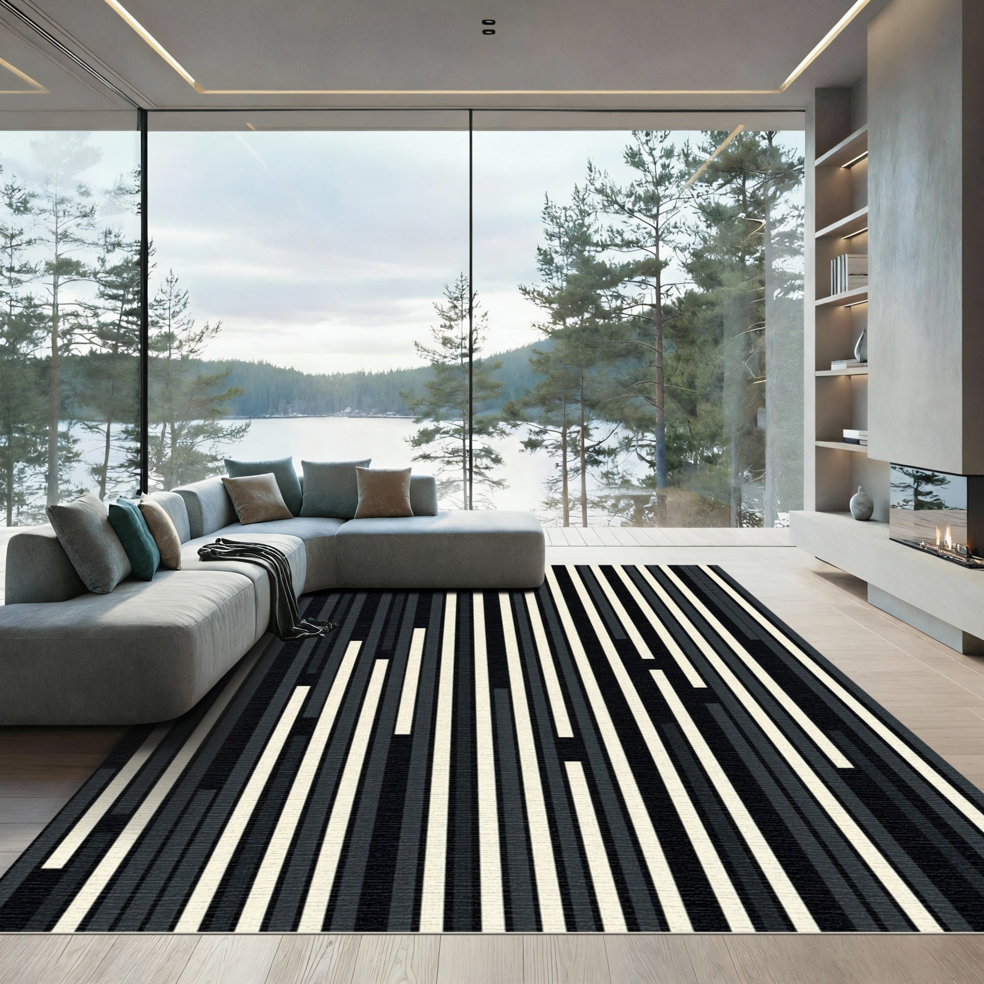 Minimalist Black and White Monochromatic Stripe Rug