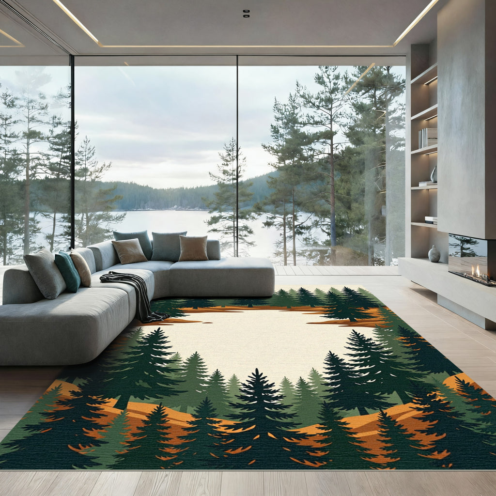 Earthy Forest Pine Woodland Landscape Rug