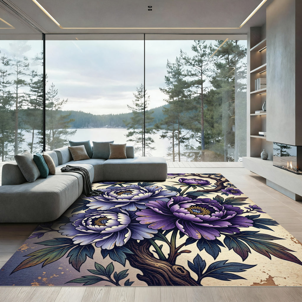 Vintage Purple Peony Floral Branch Rug