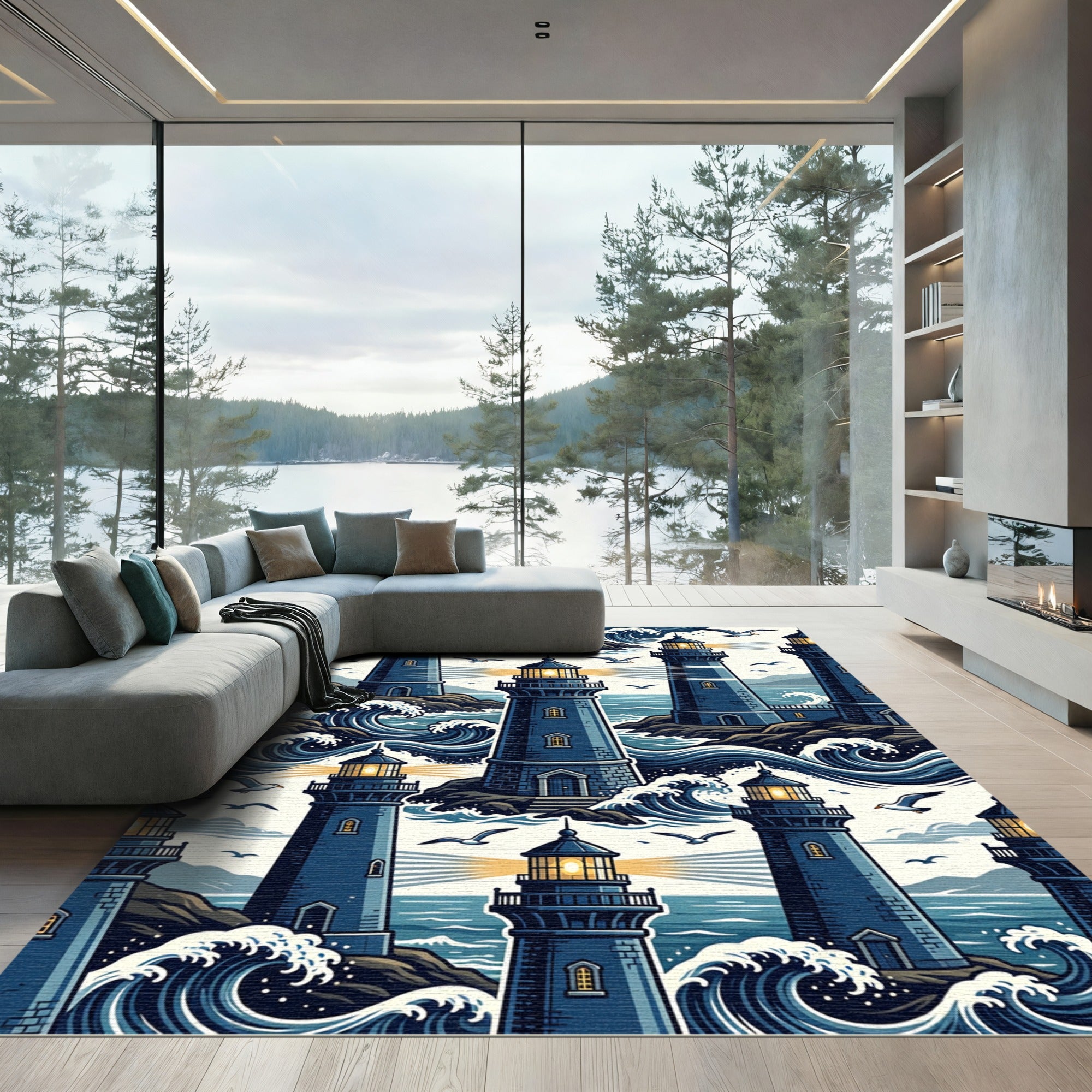 Coastal Navy Lighthouse Nautical Ocean Art Rug