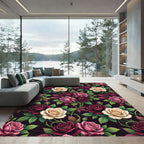Elegant Dark Burgundy and Cream Rose Floral Rug