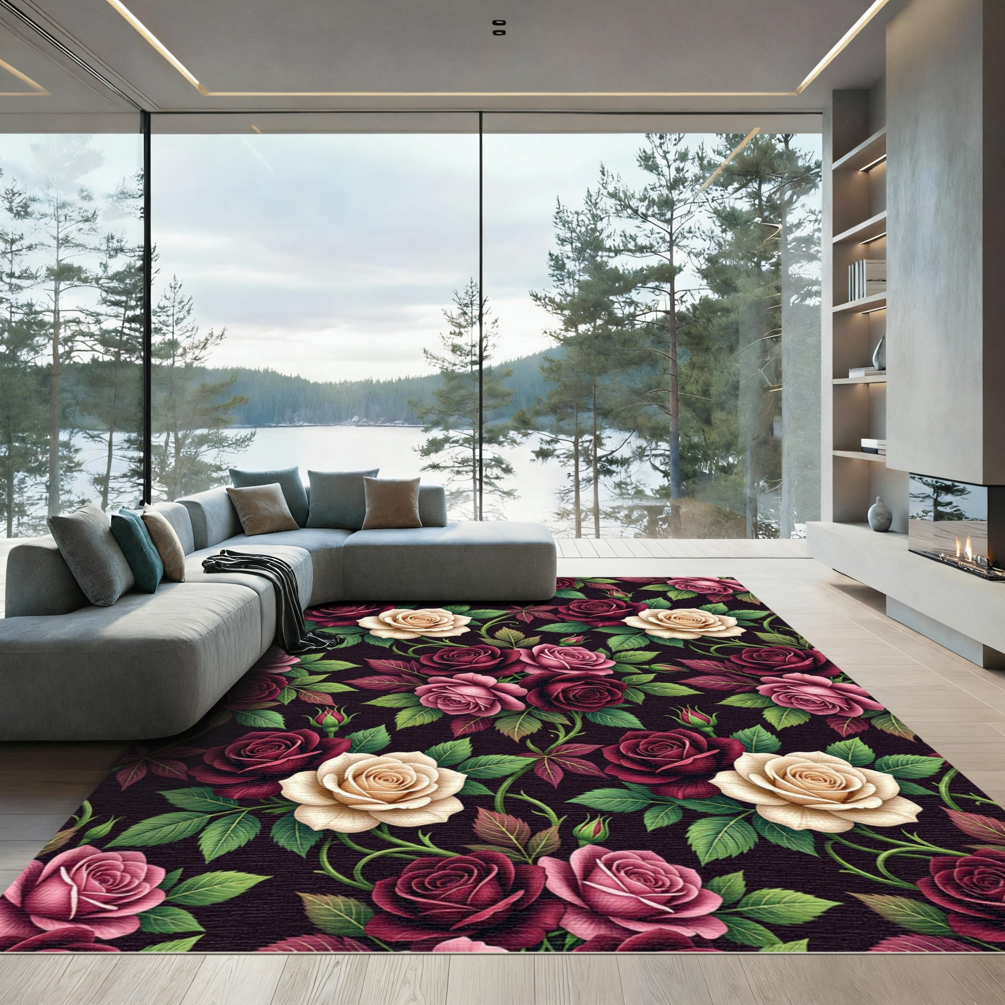 Elegant Dark Burgundy and Cream Rose Floral Rug