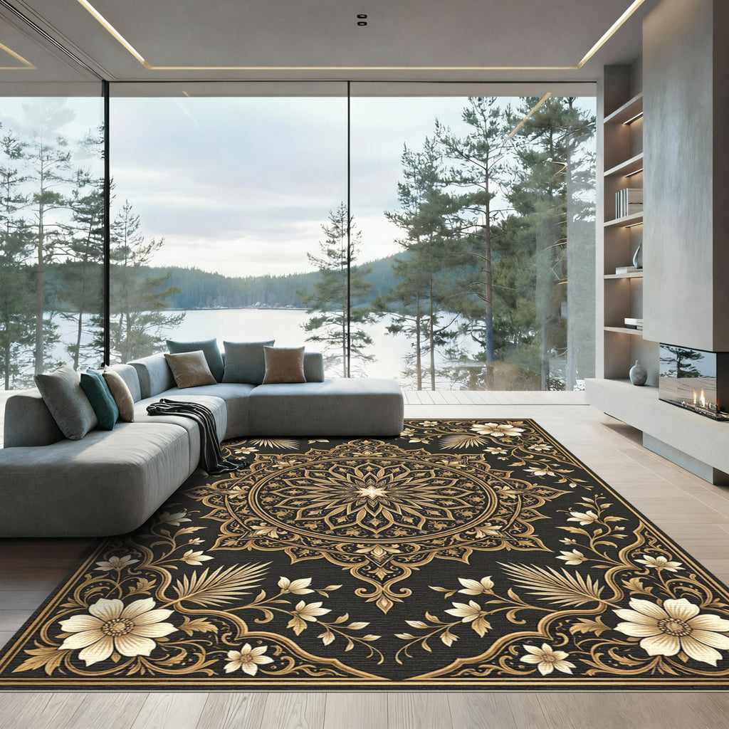 Elegant Golden Floral Medallion Black Rug
