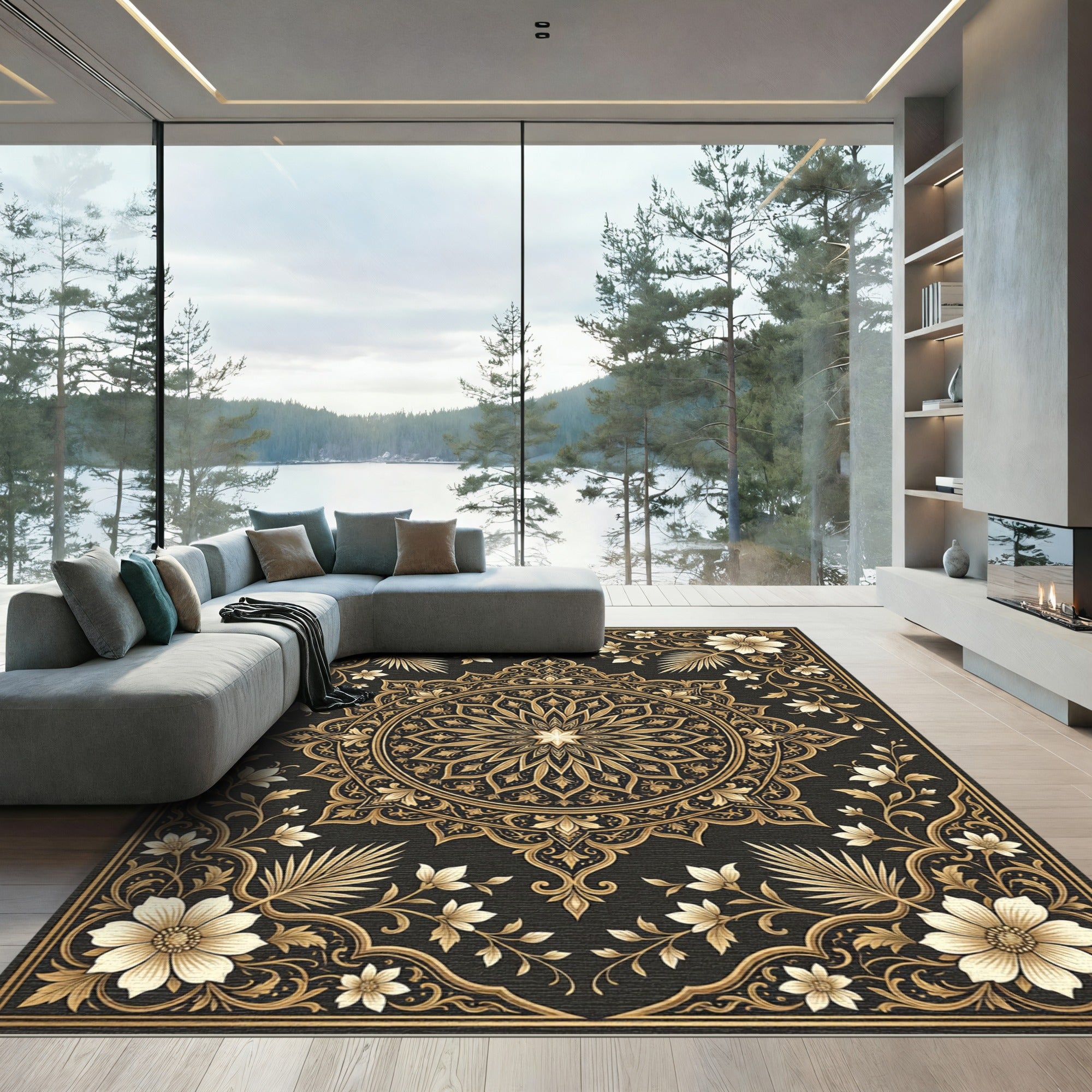 Elegant Golden Floral Medallion Black Rug