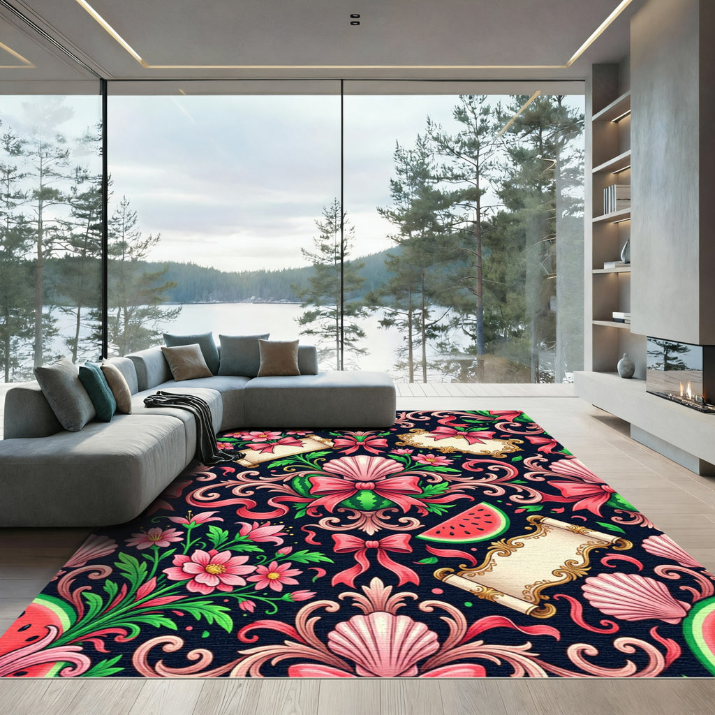 Pink Watermelon Floral Scroll Rococo Rug