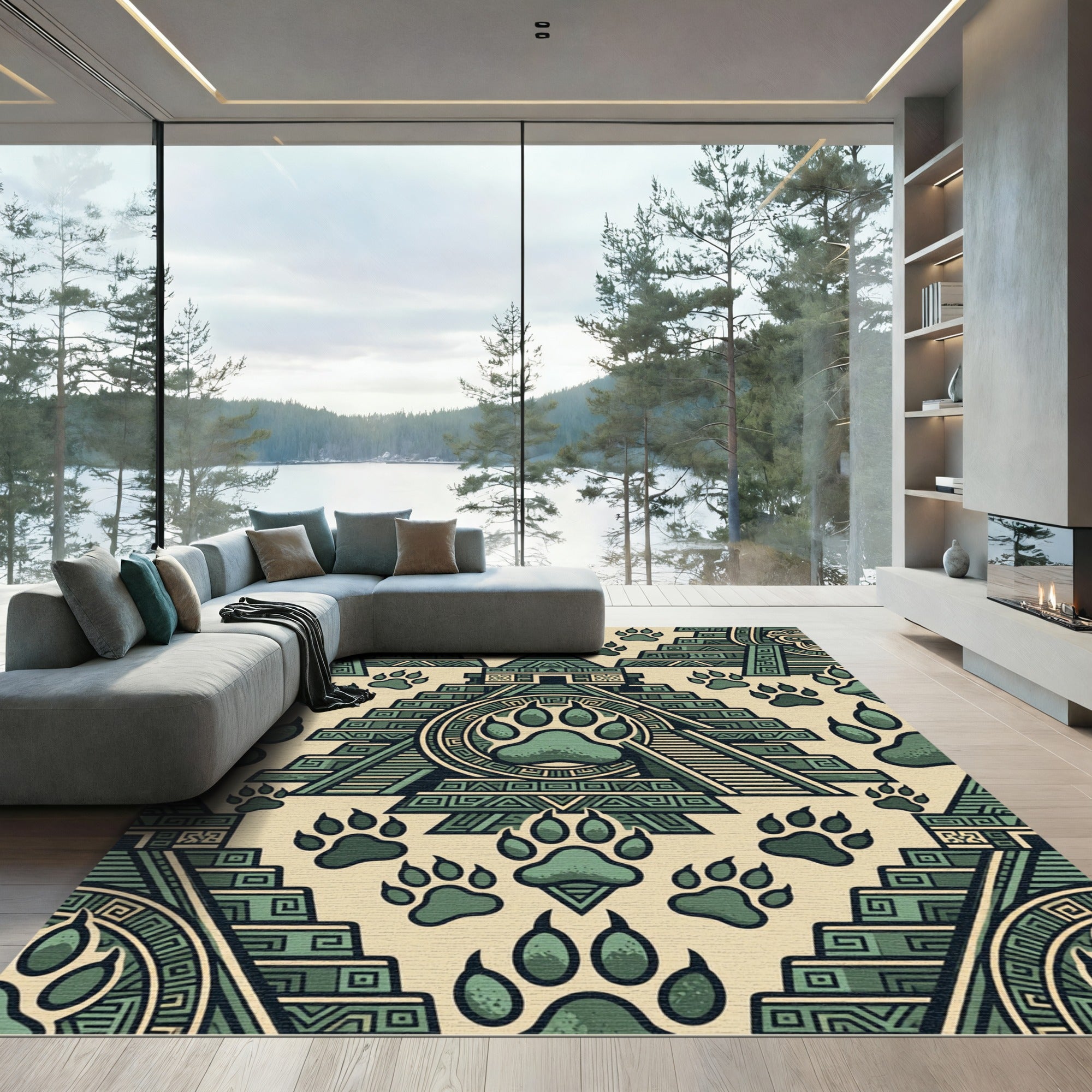 Aztec Temple Paw Print Sage Rug