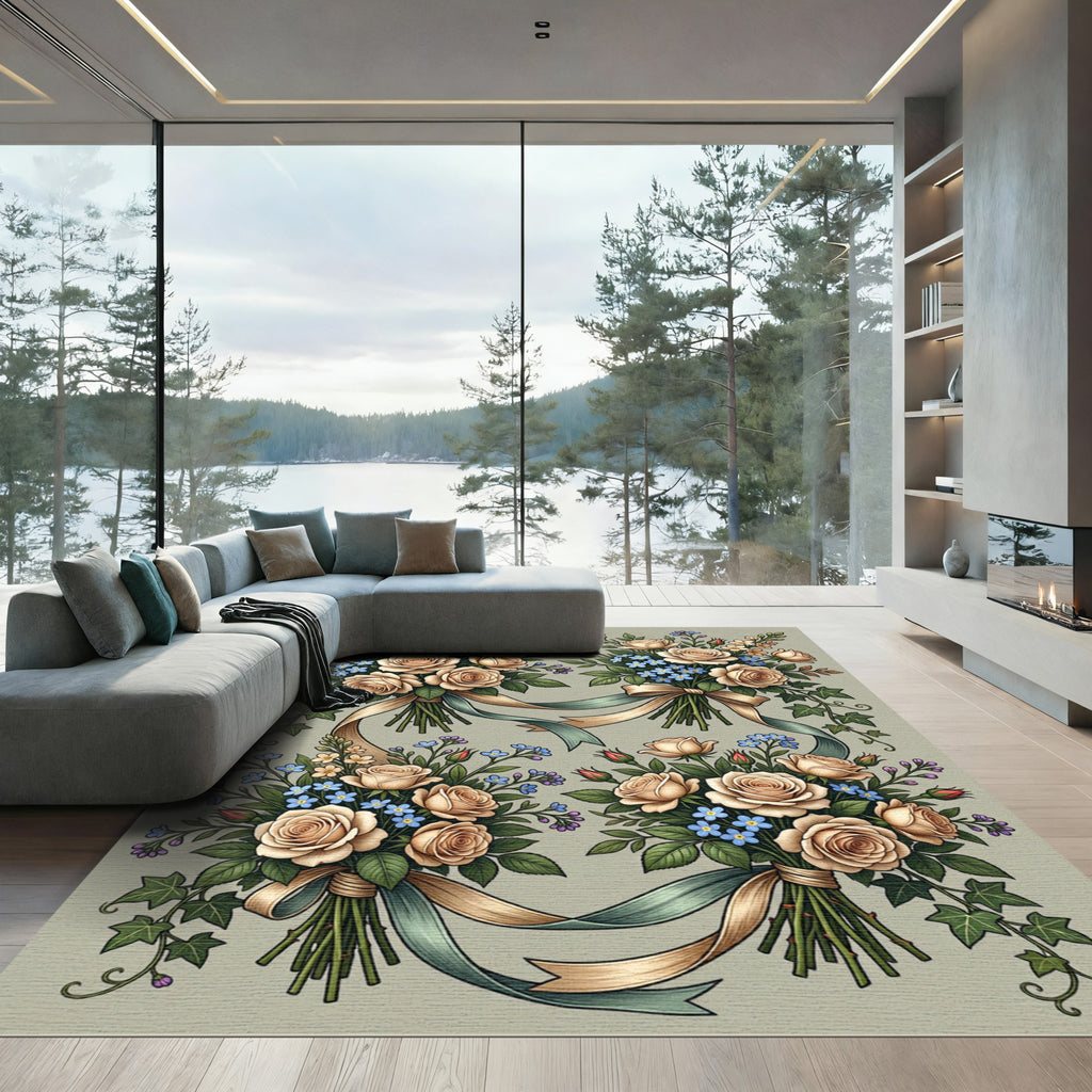 Elegant Champagne Rose Bouquet Floral Rug