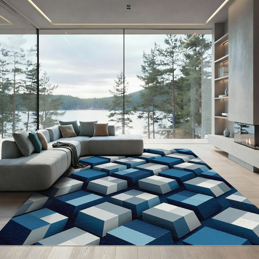 Geometric Navy and Slate Blue Cubes Rug