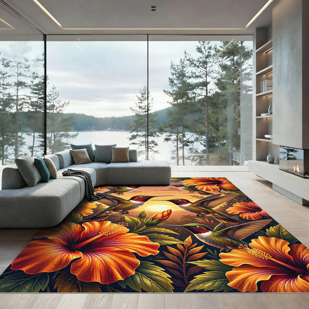 Vibrant Sunset Hummingbird Floral Art Rug