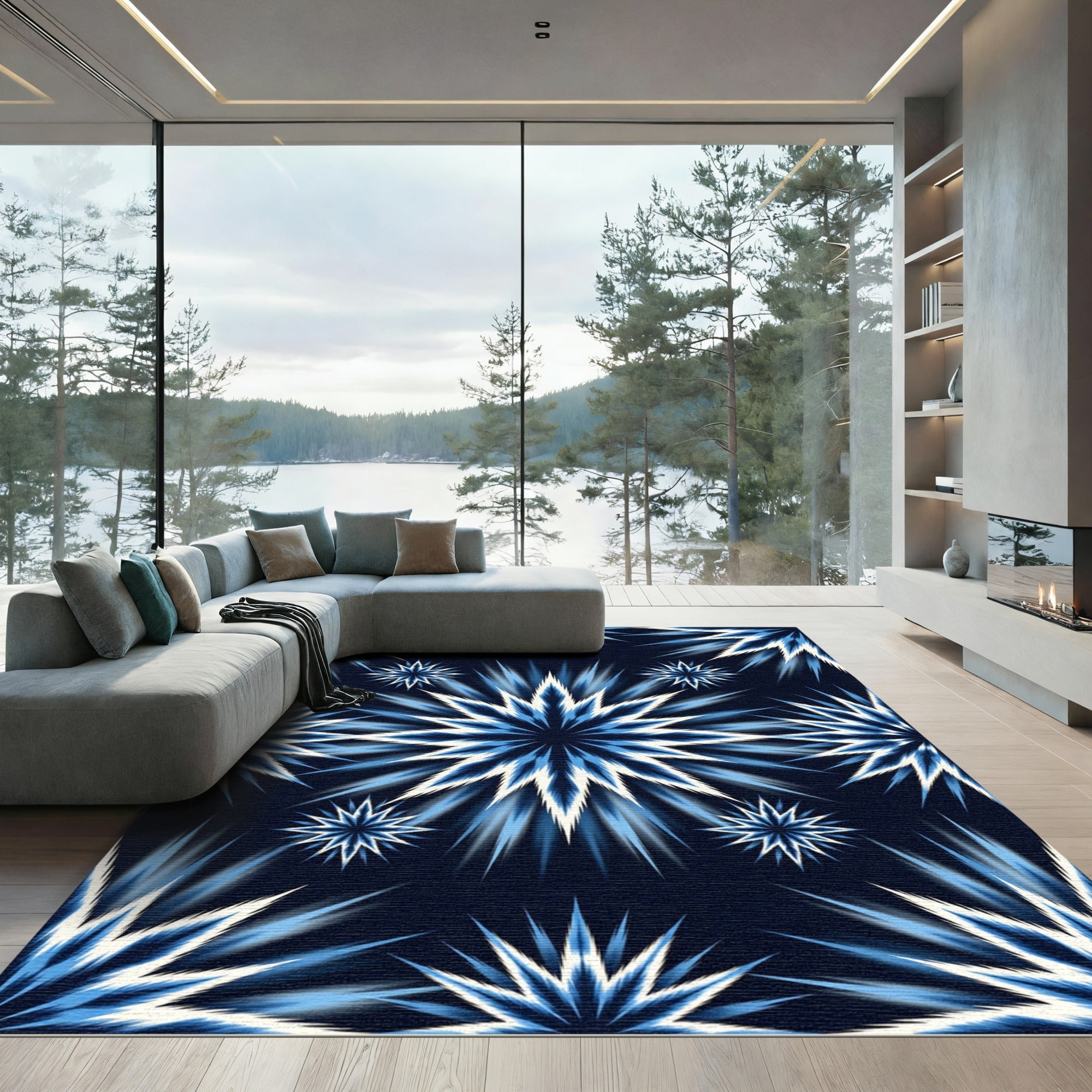 Explosive Blue Starburst Burst Rug