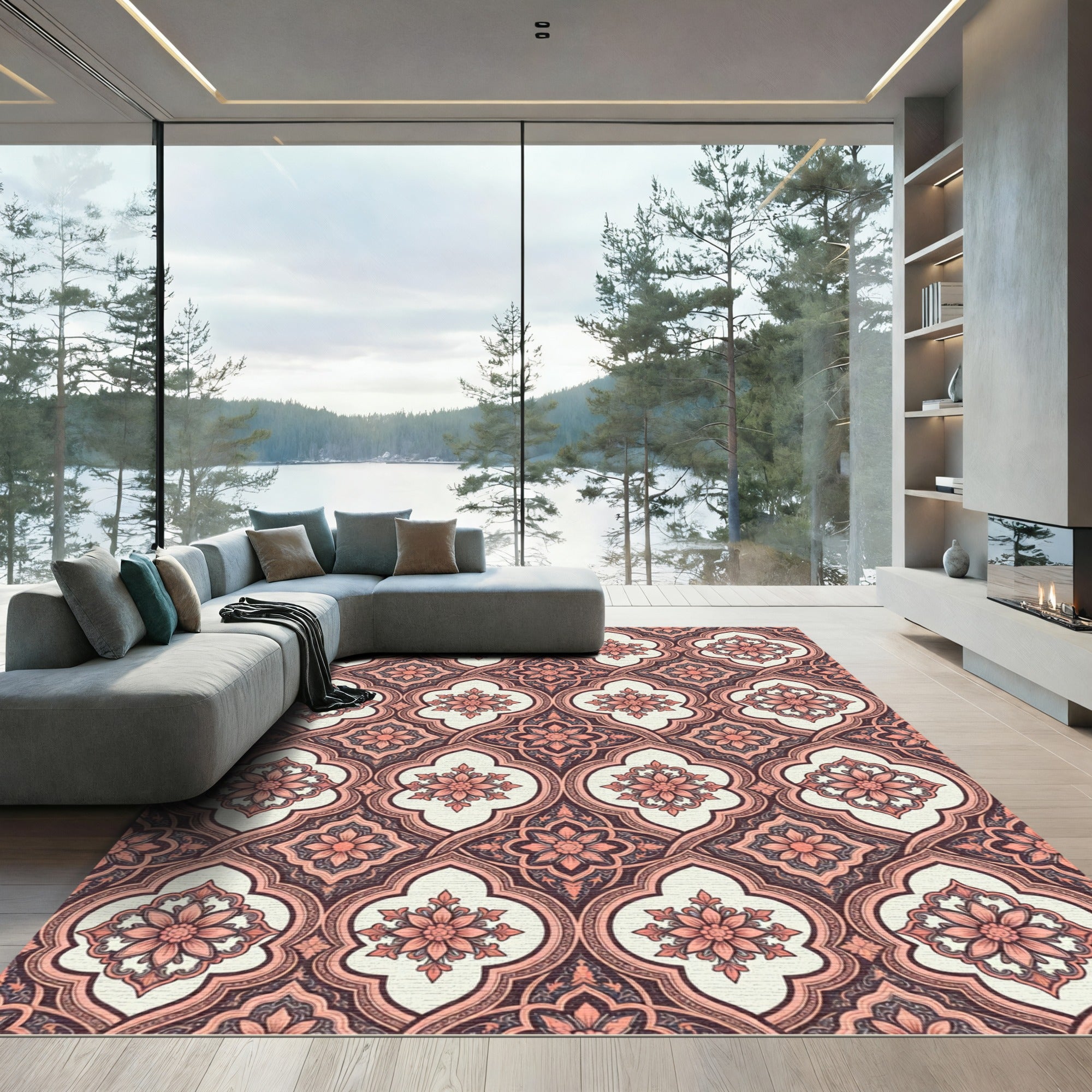 Coral Pink Quatrefoil Floral Medallion Rug
