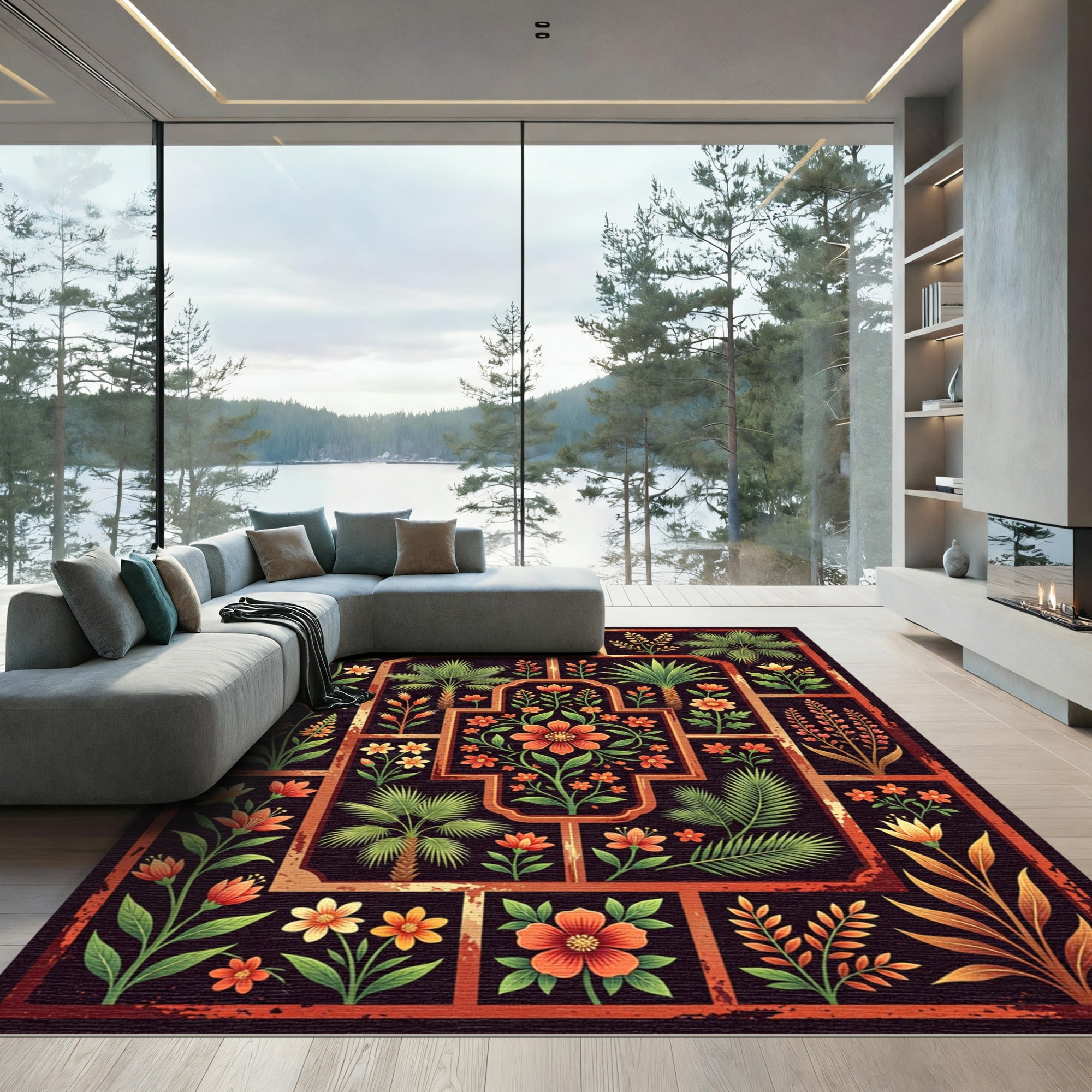 Ornate Crimson Botanical Grid Rug