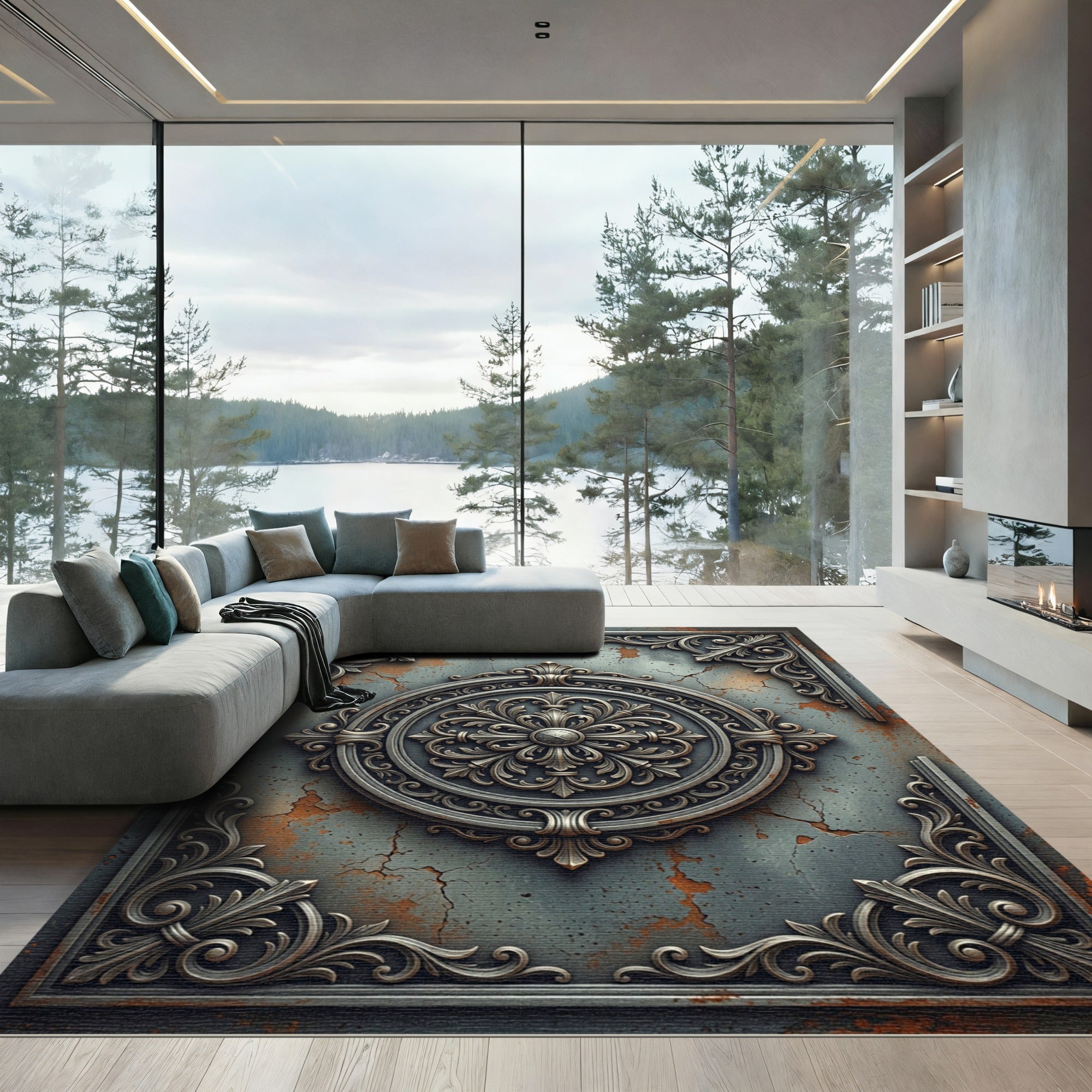 Ornate Metallic Silver Floral Medallion Rug