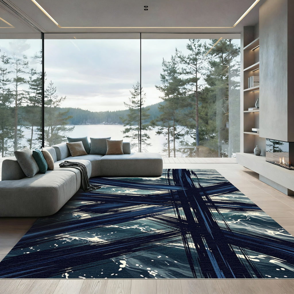 Dark Navy Abstract Intersecting Ocean Stripes Rug