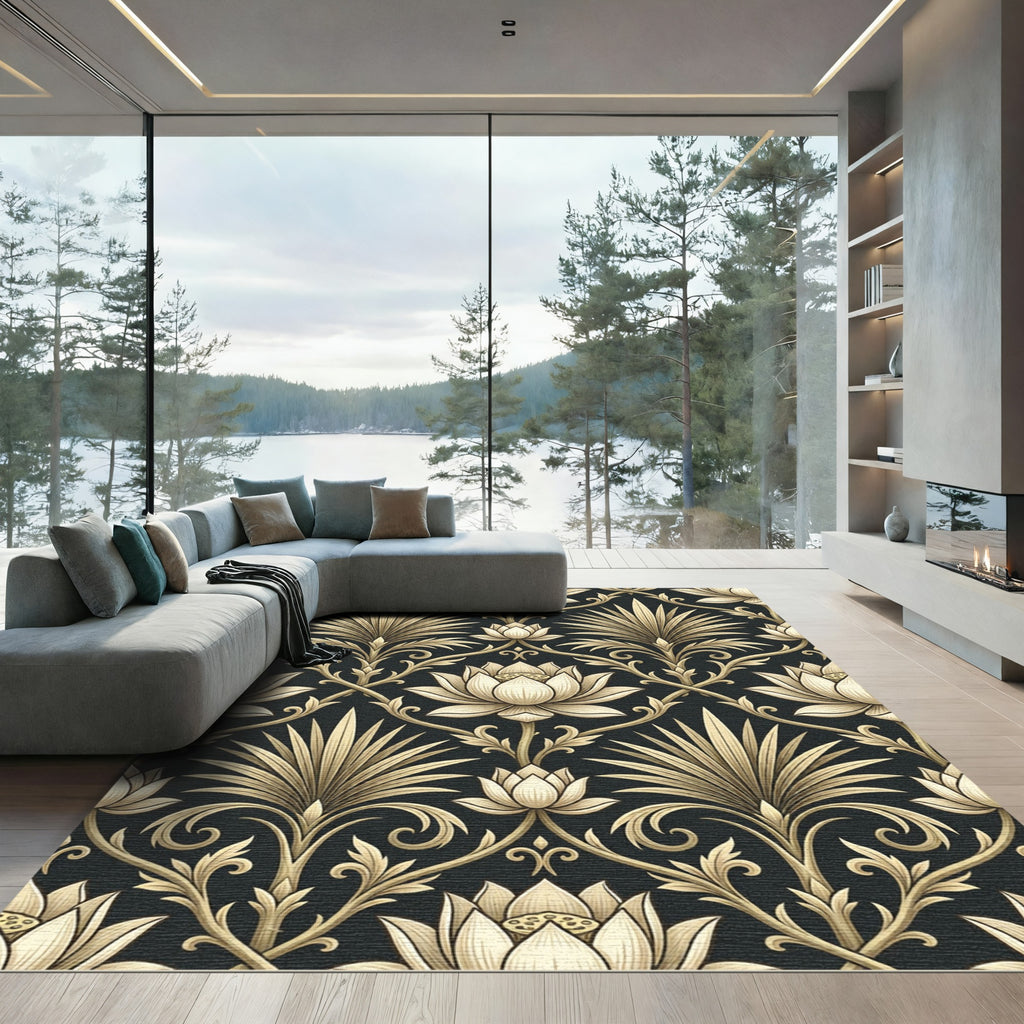 Elegantly Ornate Cream Lotus Gold Damask Rug