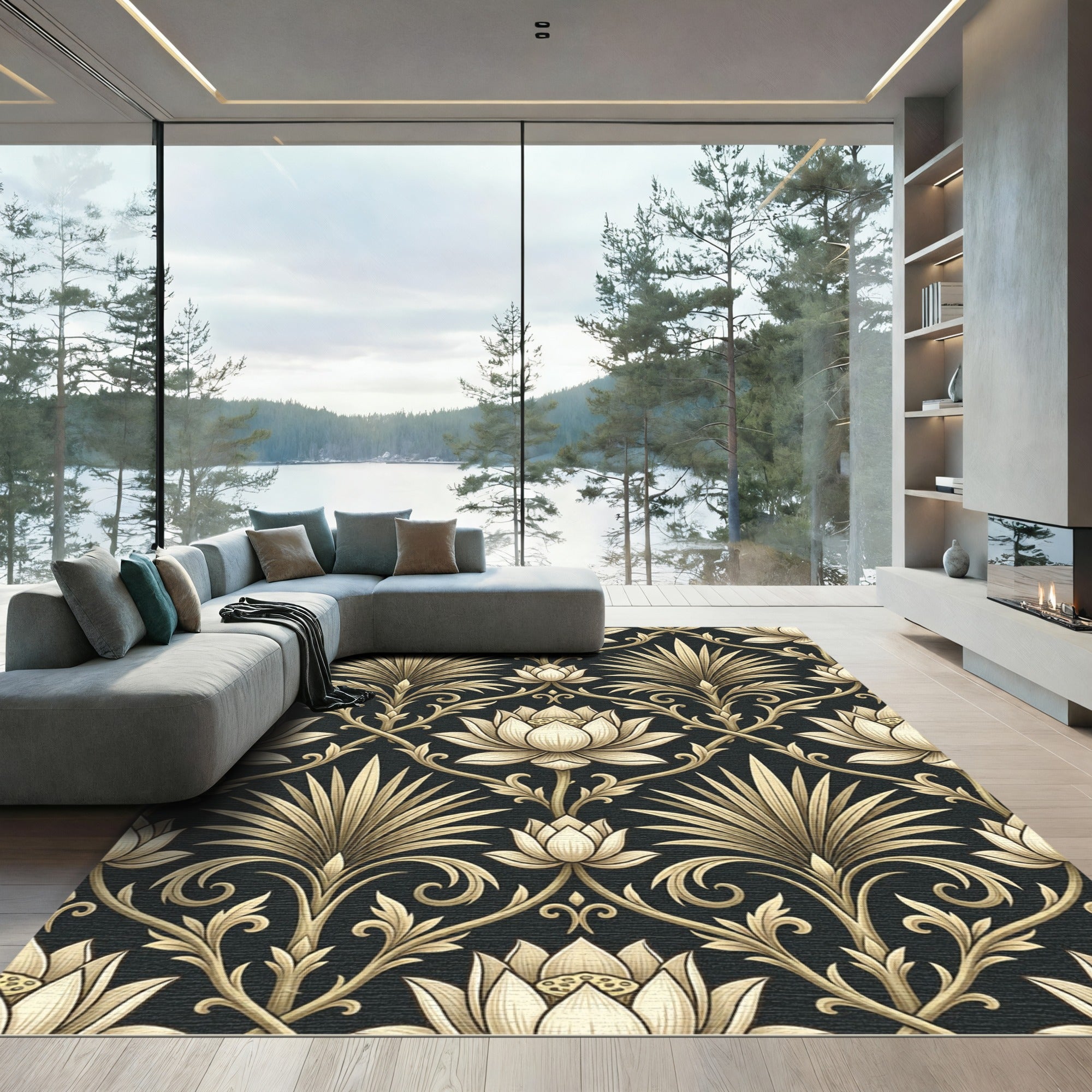 Elegantly Ornate Cream Lotus Gold Damask Rug