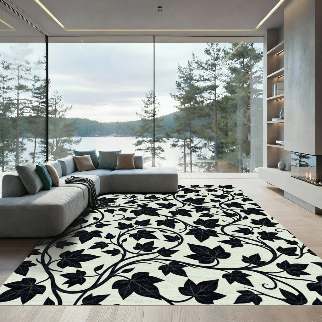 Classic Black Ivy Vine Swirls Rug