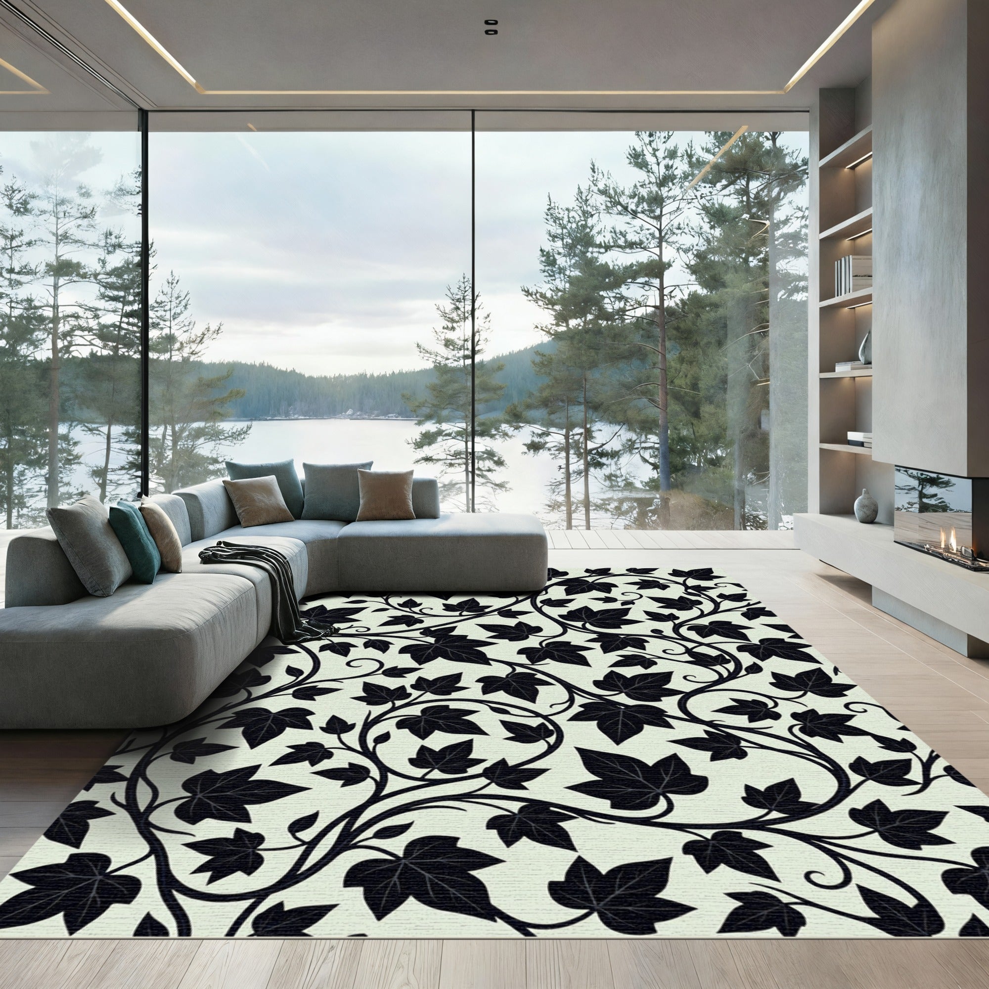 Classic Black Ivy Vine Swirls Rug