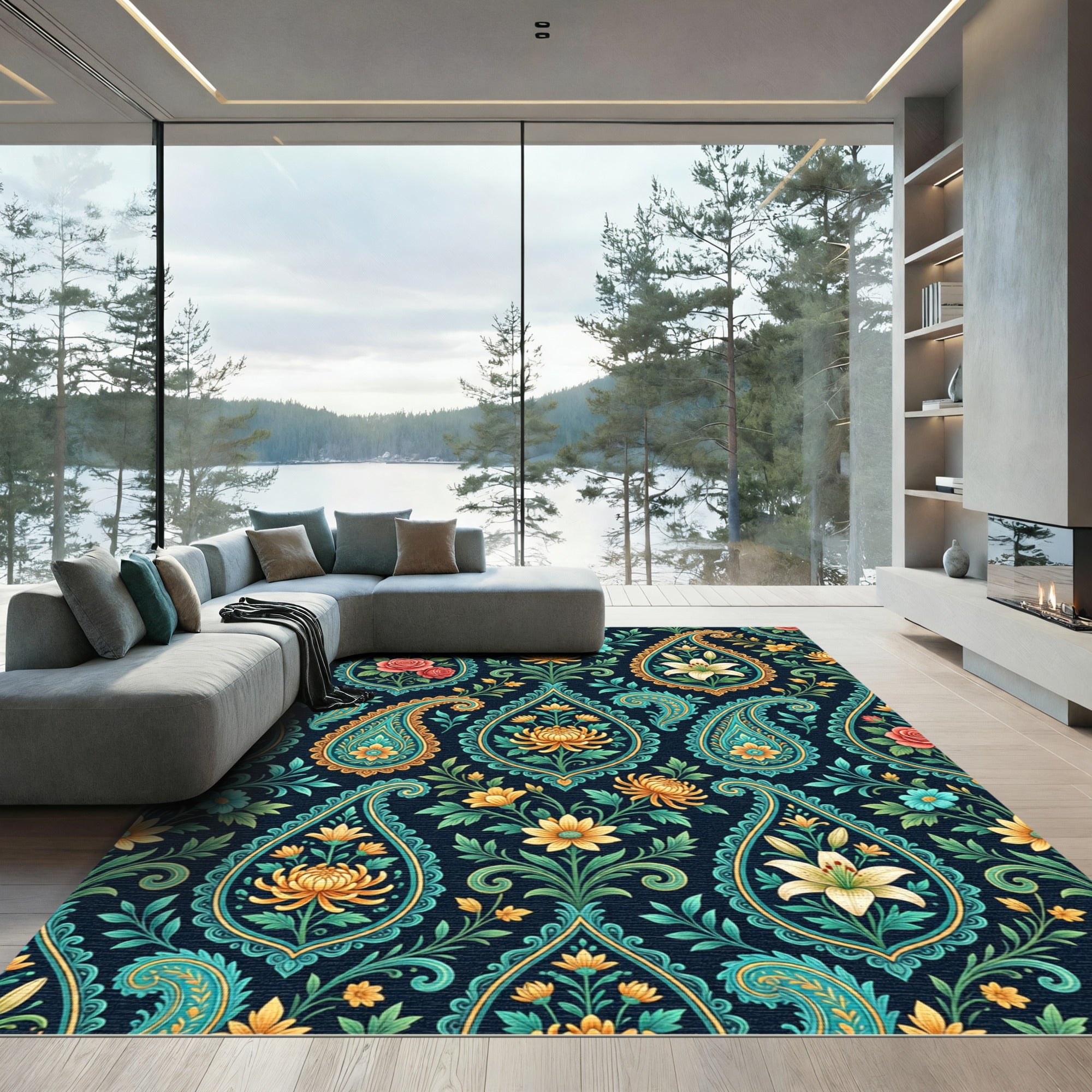 Navy Floral Paisley Medallion Rug