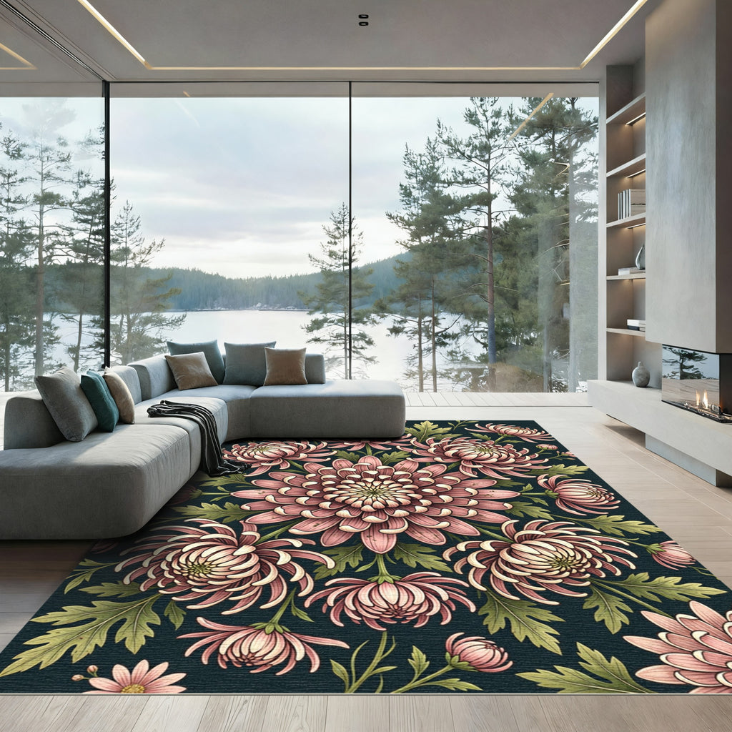 Botanical Dusty Rose Chrysanthemum Floral Medallion Rug
