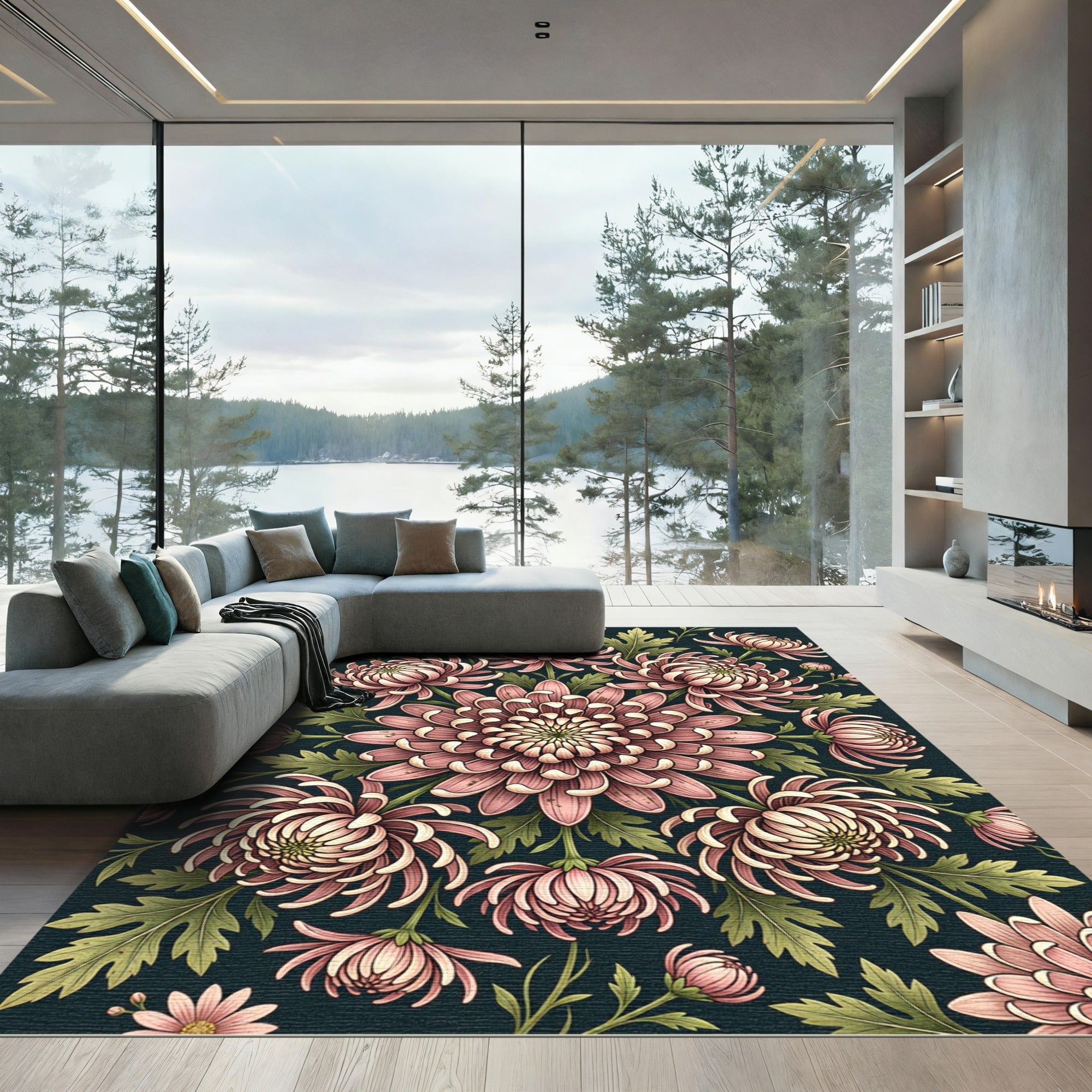 Botanical Dusty Rose Chrysanthemum Floral Medallion Rug