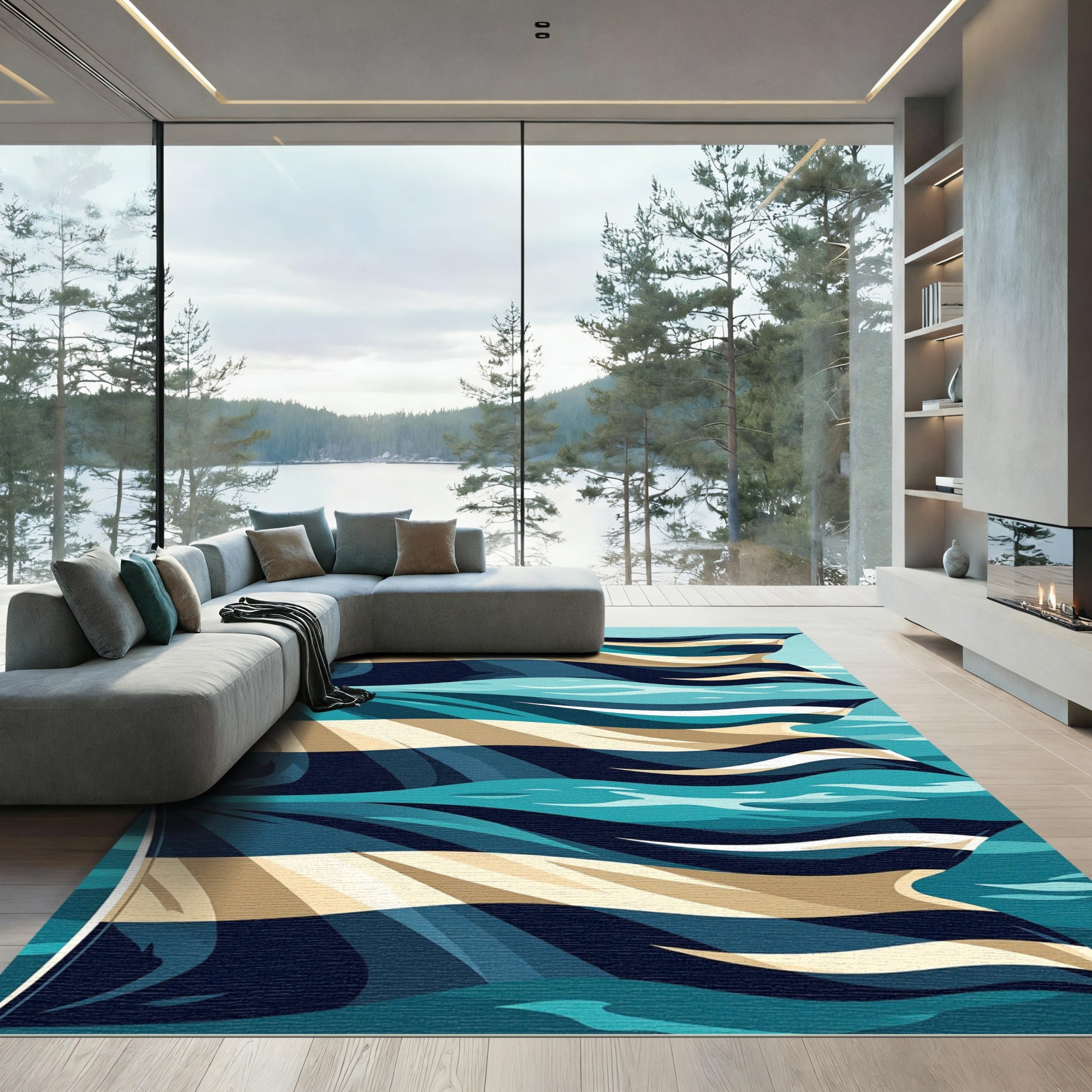 Abstract Teal and Beige Ripple Wave Rug