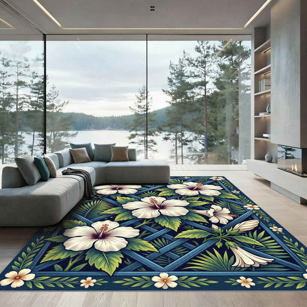 Blue Lattice White Hibiscus Floral Rug