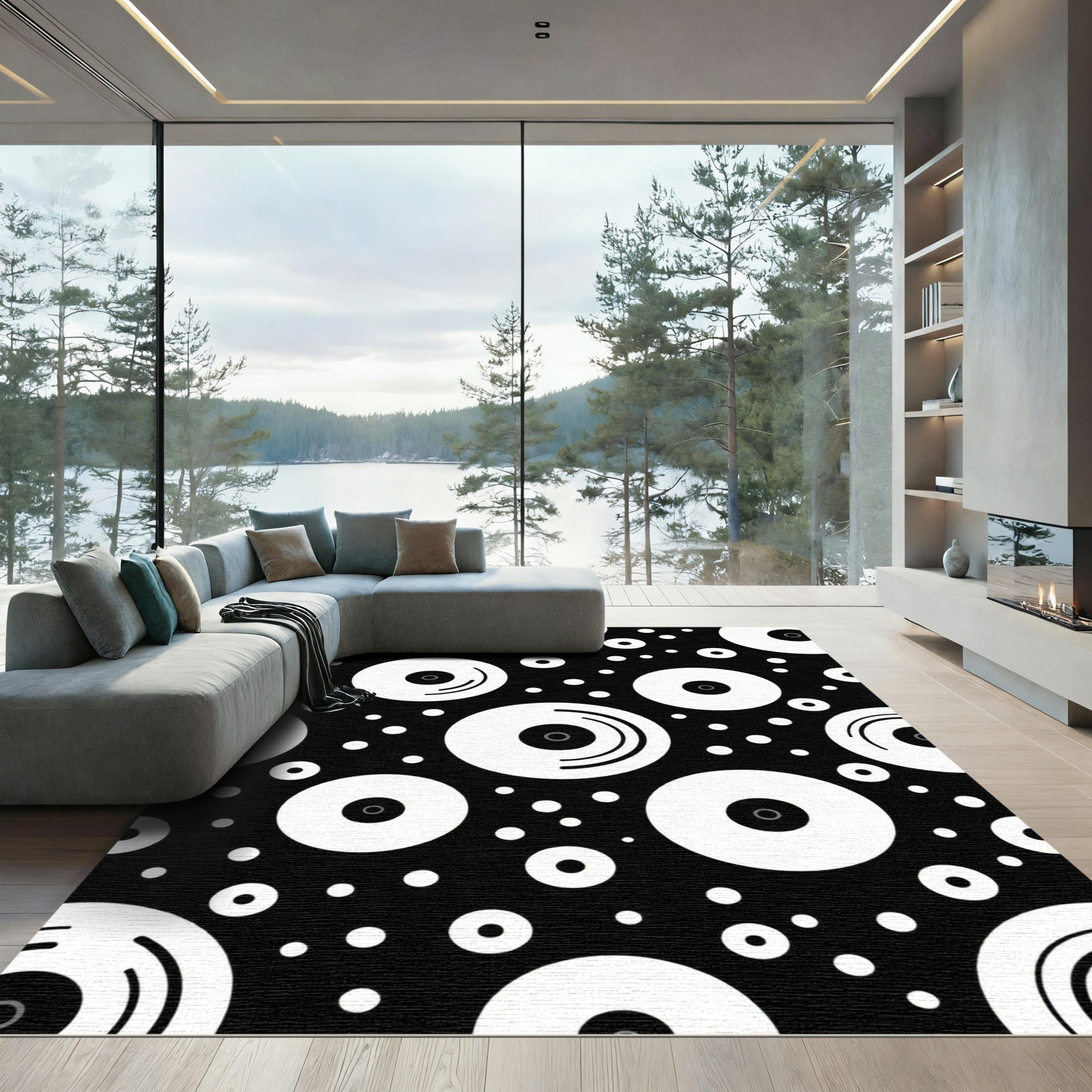 Bold Black White Circular Records Rug