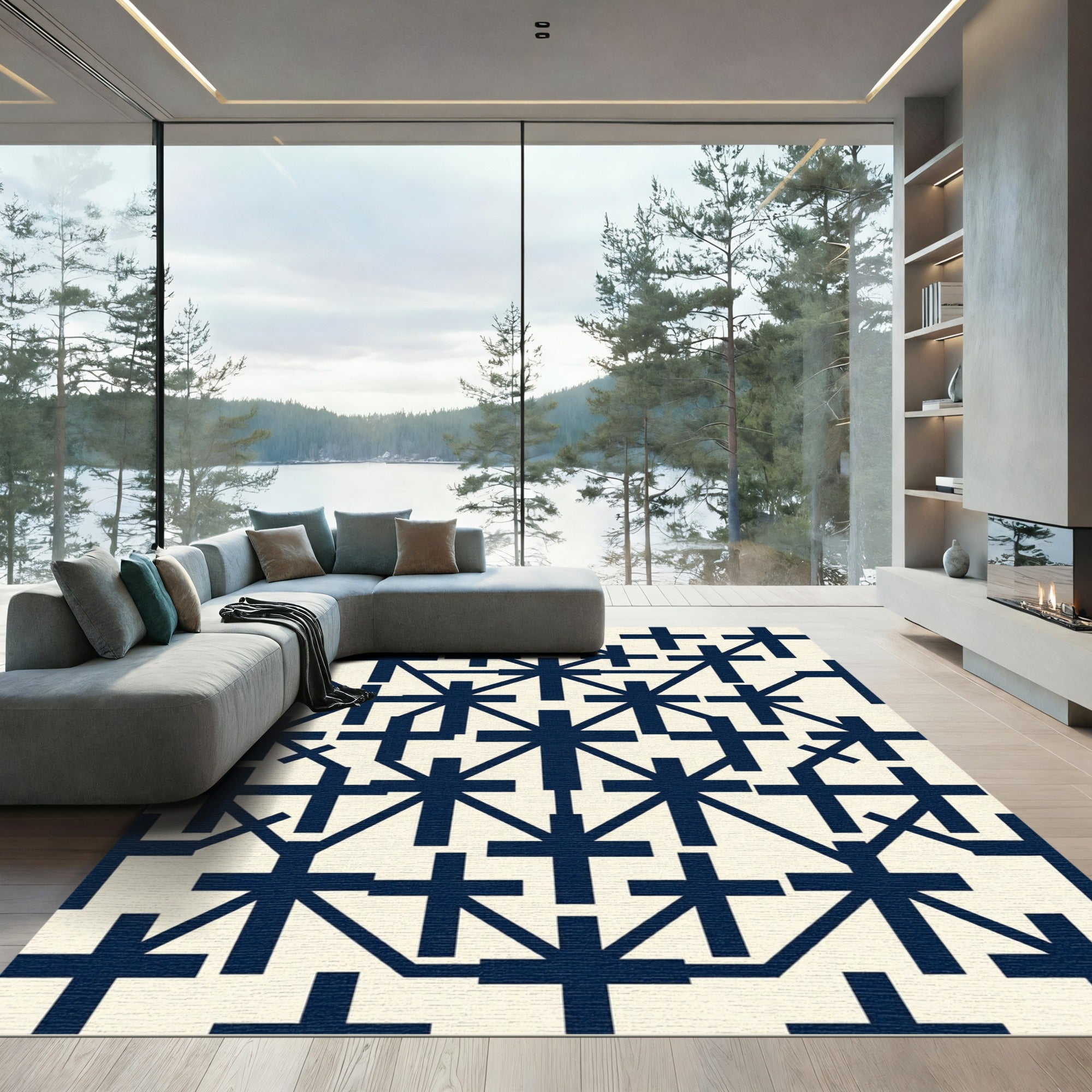 Navy Geometric Cross Grid Rug