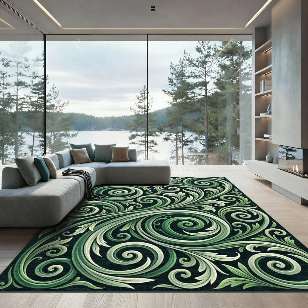 Emerald Green Swirling Vine Arabesque Rug