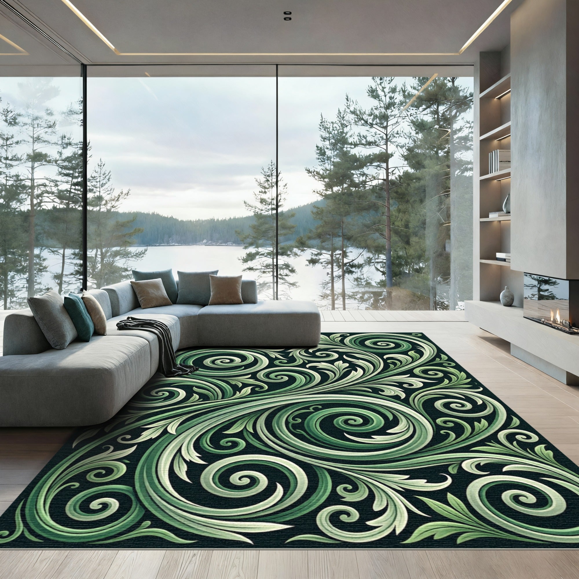 Emerald Green Swirling Vine Arabesque Rug