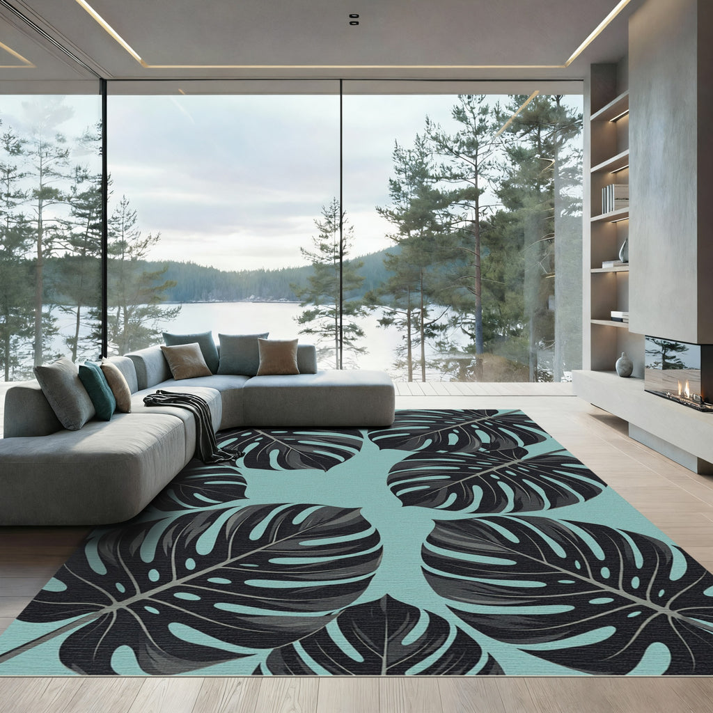 Modern Black Tropical Monstera Foliage Rug