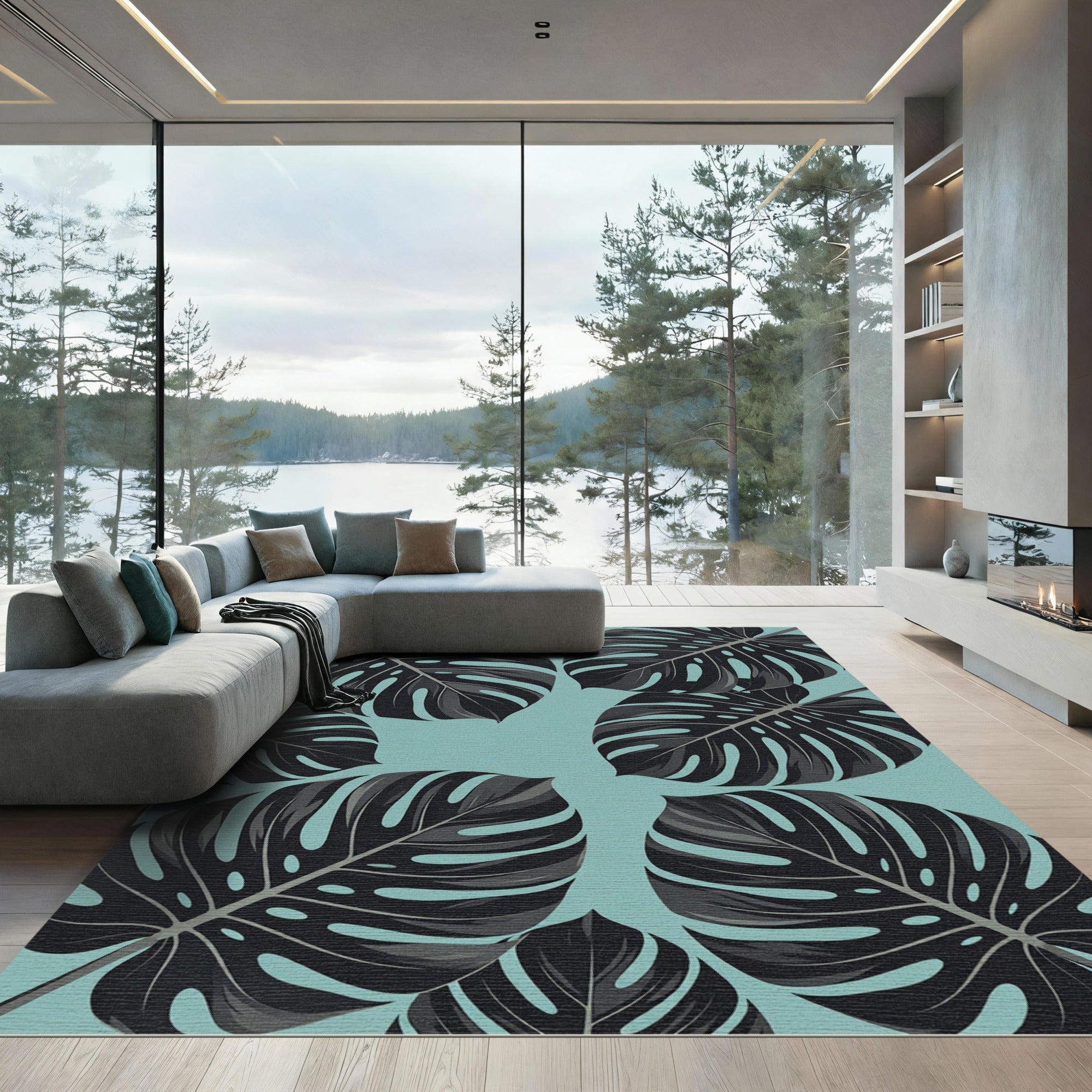 Modern Black Tropical Monstera Foliage Rug